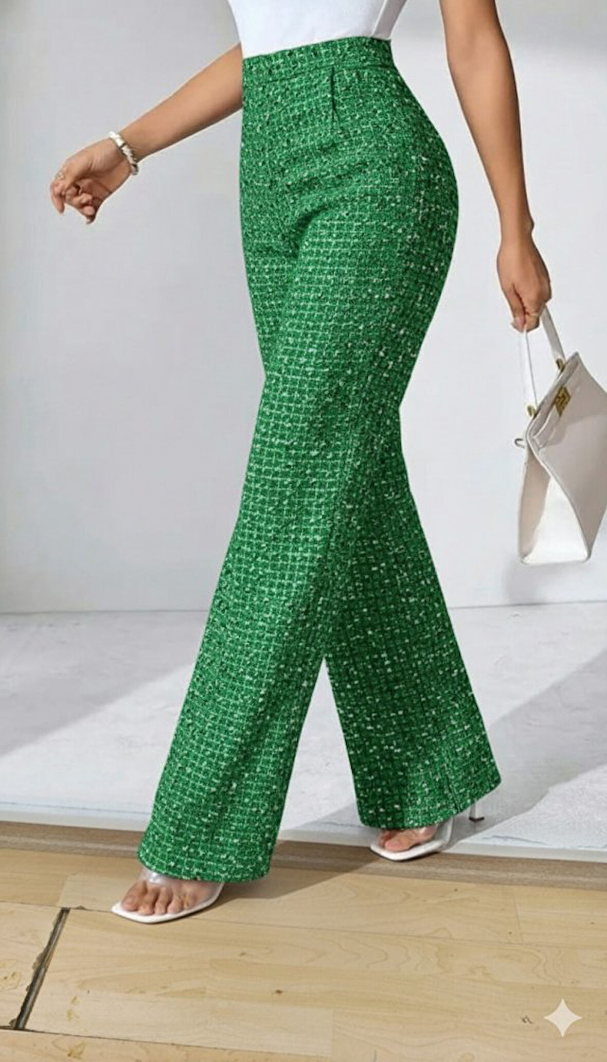 leyla sanat sanata yeni bir bakış açısı Kadın Yüksek Bel Paçaya Doğru Geniş Dokuma Pantolon