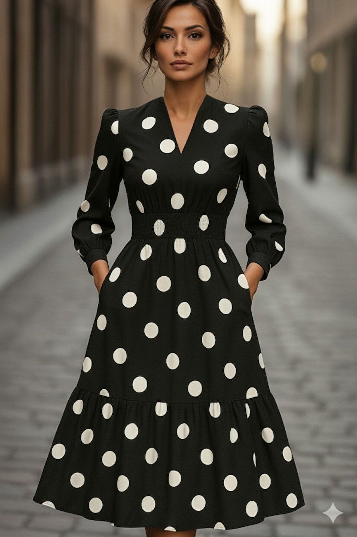 leyla sanat sanata yeni bir bakış açısı Kadın Uzun Kollu V Yakalı Beli Lastikli Puantiyeli Uzun Krep Elbise