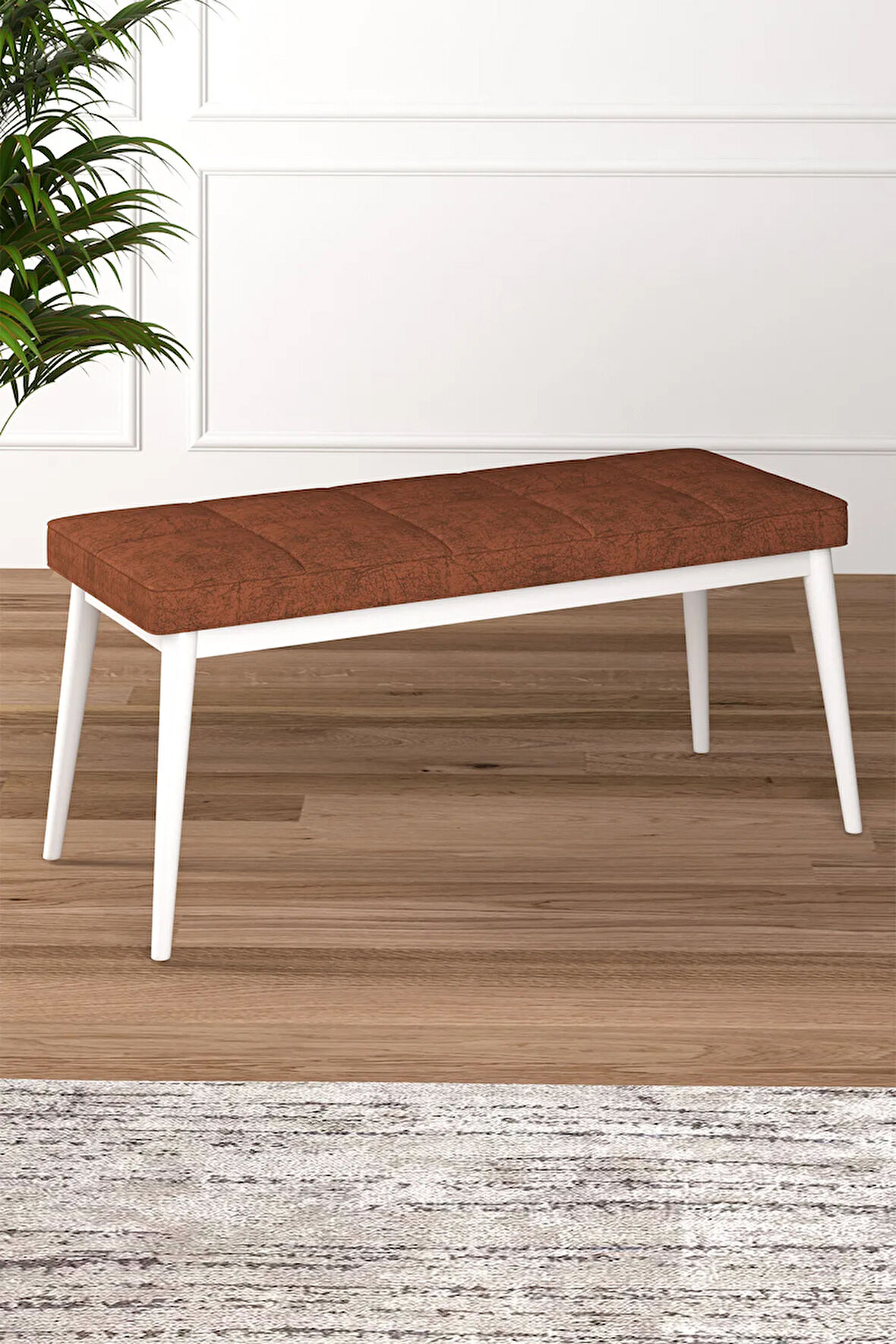 Tinaa Jery Kumaş Modern Beyaz Ahşap Ayak Bench Oturak 90x40, Ayakkabılık Bank, Yatak Ucu Puf