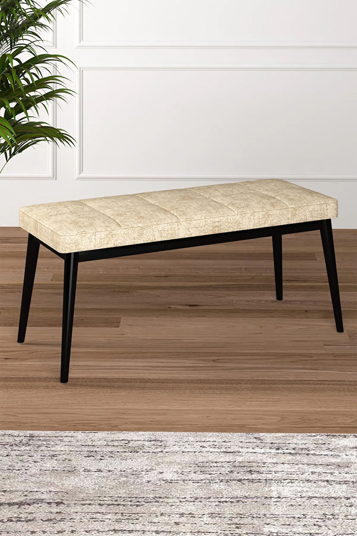 Tinaa Jery Kumaş Modern Siyah Ahşap Ayak Bench Oturak 90x40, Ayakkabılık Bank, Yatak Ucu Puf