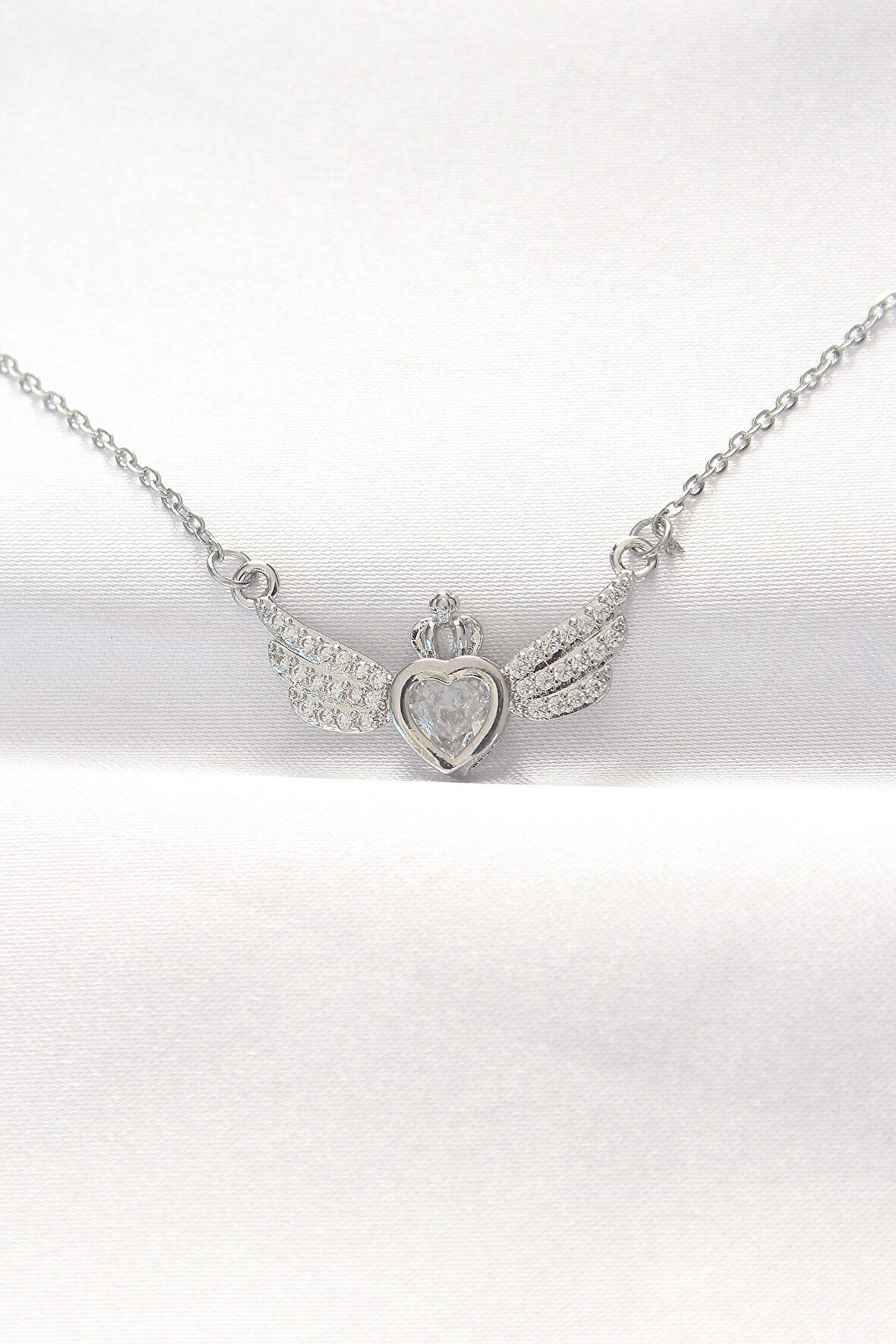 316L Çelik Silver Renk Zirkon Taşlı Kalpli Kanat Kolye - TJ-BKO8515