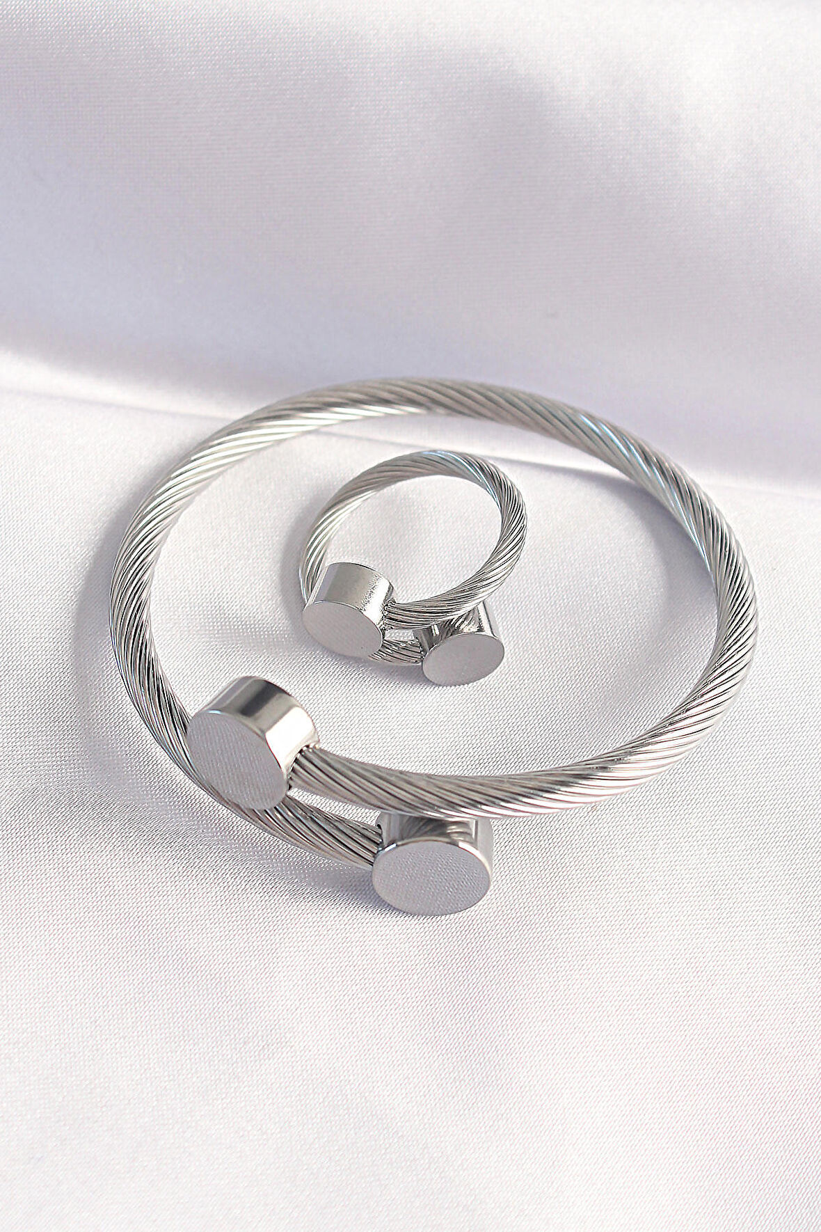 316L Çelik Gümüş Renk Oval Aksesuarlı Burgu Model Bileklik ve Yüzük Kombini - TJ-EB3653