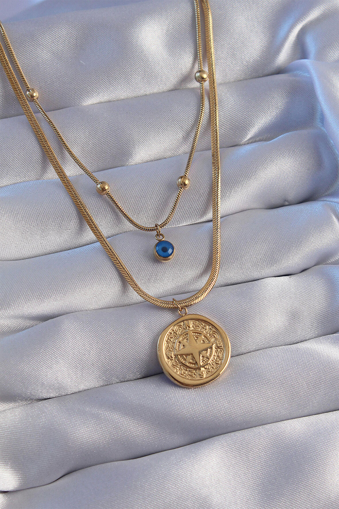 316L Çelik Zincir Gold Renk Nazar Boncuklu İtalyan Zincirli 2li Pusula Kolye - TJ-BKO8834