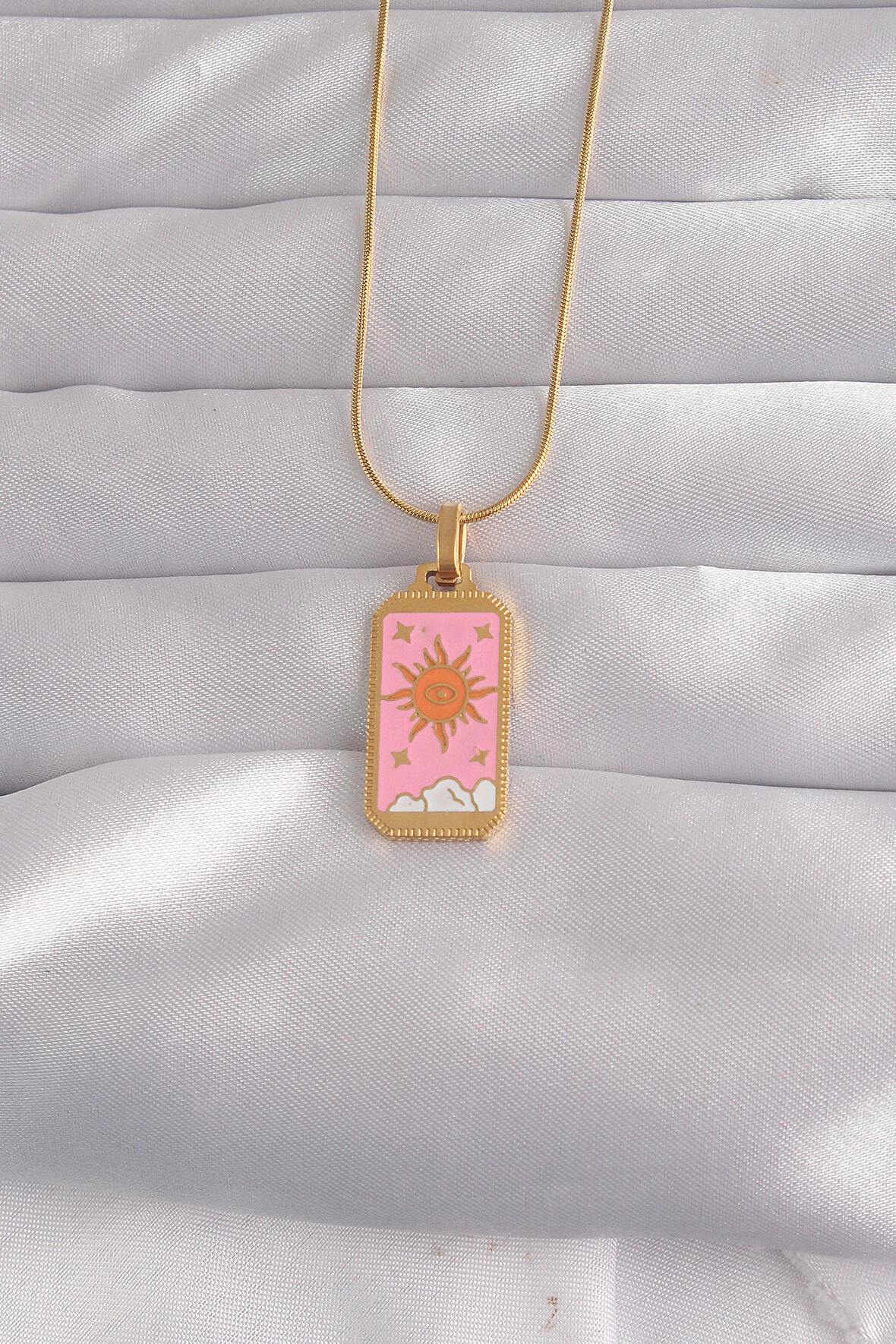 316L Çelik Gold Renk Pembe Mineli Güneş Model Tarot Kolye - TJ-BKO9029
