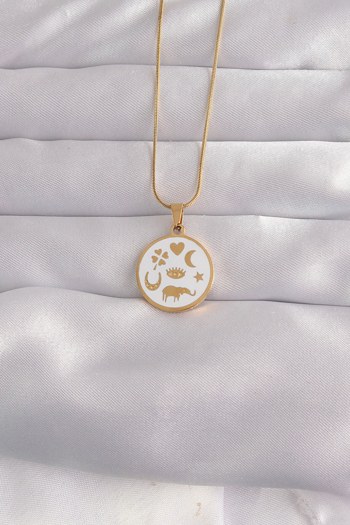 316L Çelik Gold Renk Beyaz Mineli Karışık Figürlü Tarot Kolye - TJ-BKO9041