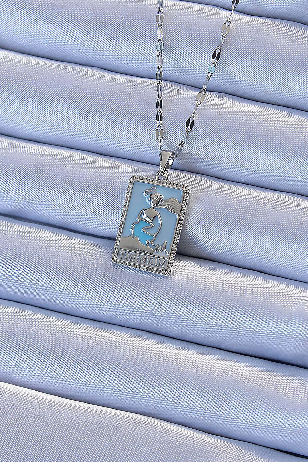 316L Çelik Zincir Gümüş Renk Mavi Mineli Tarot Kolye - TJ-BKO9210