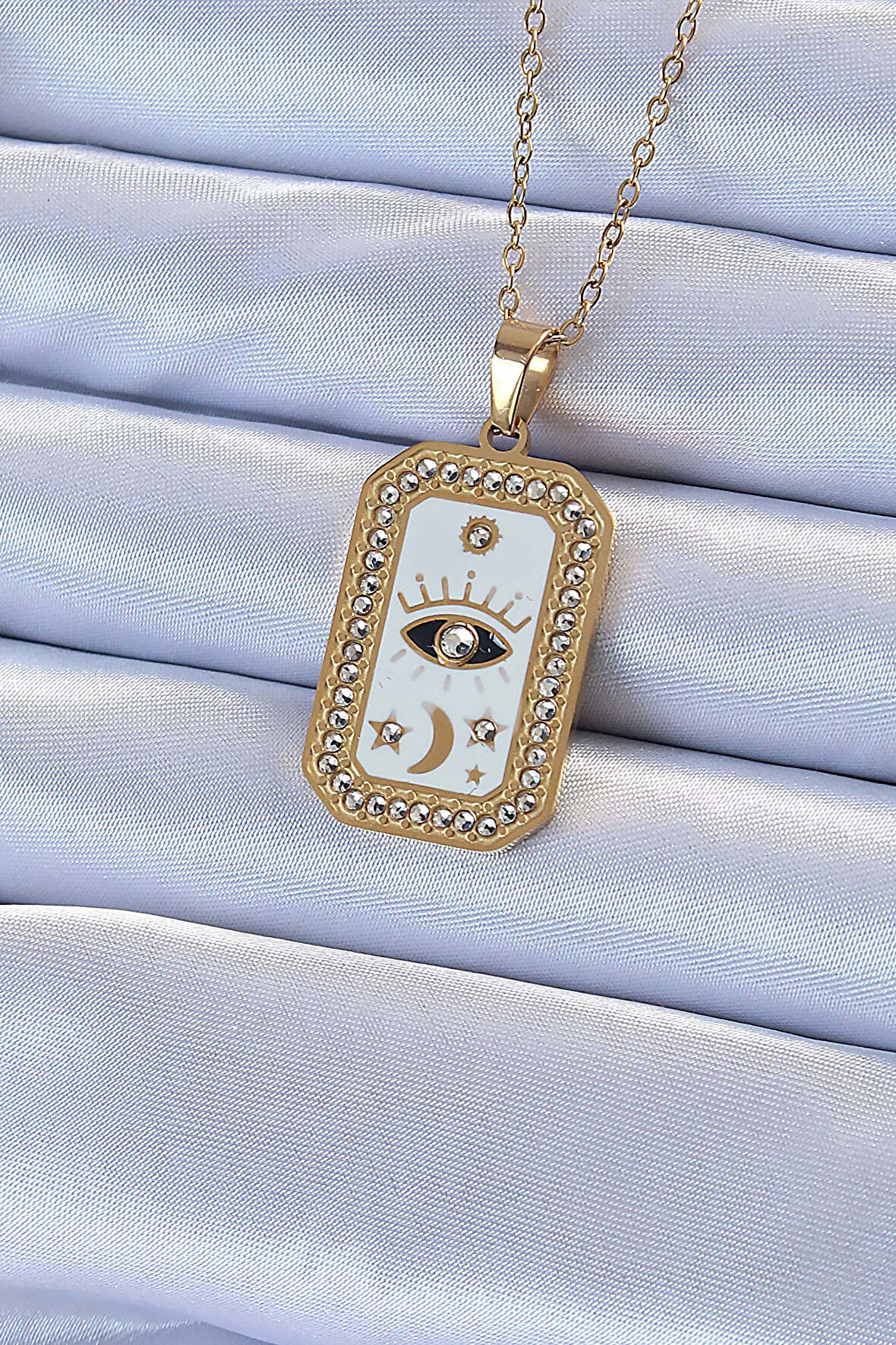 316L Çelik Zincir Altın Renk Mineli Zirkon Taşlı Göz Figür Tarot Kolye - TJ-BKO9215
