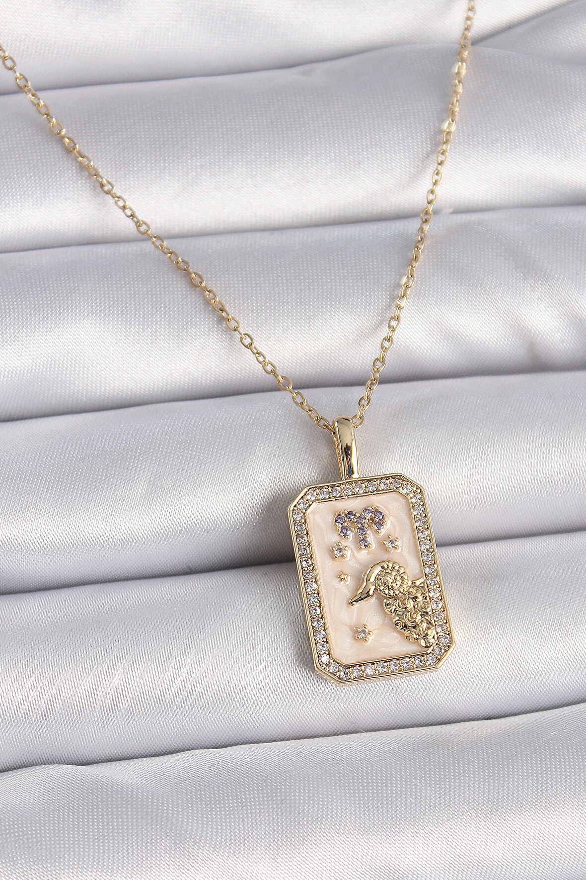 316L Çelik Gold Renk Zincir Koç Burcu Zirkon Taşlı Kadın Kolye - TJ-BKO9462