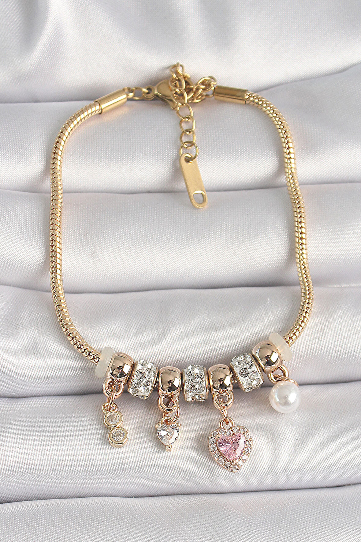 316L Çelik Gold Renk Zincir Zirkon Taşlı Sallantı Kalp Model İnci Detay Charm Kadın Bileklik - TJ-BB6688