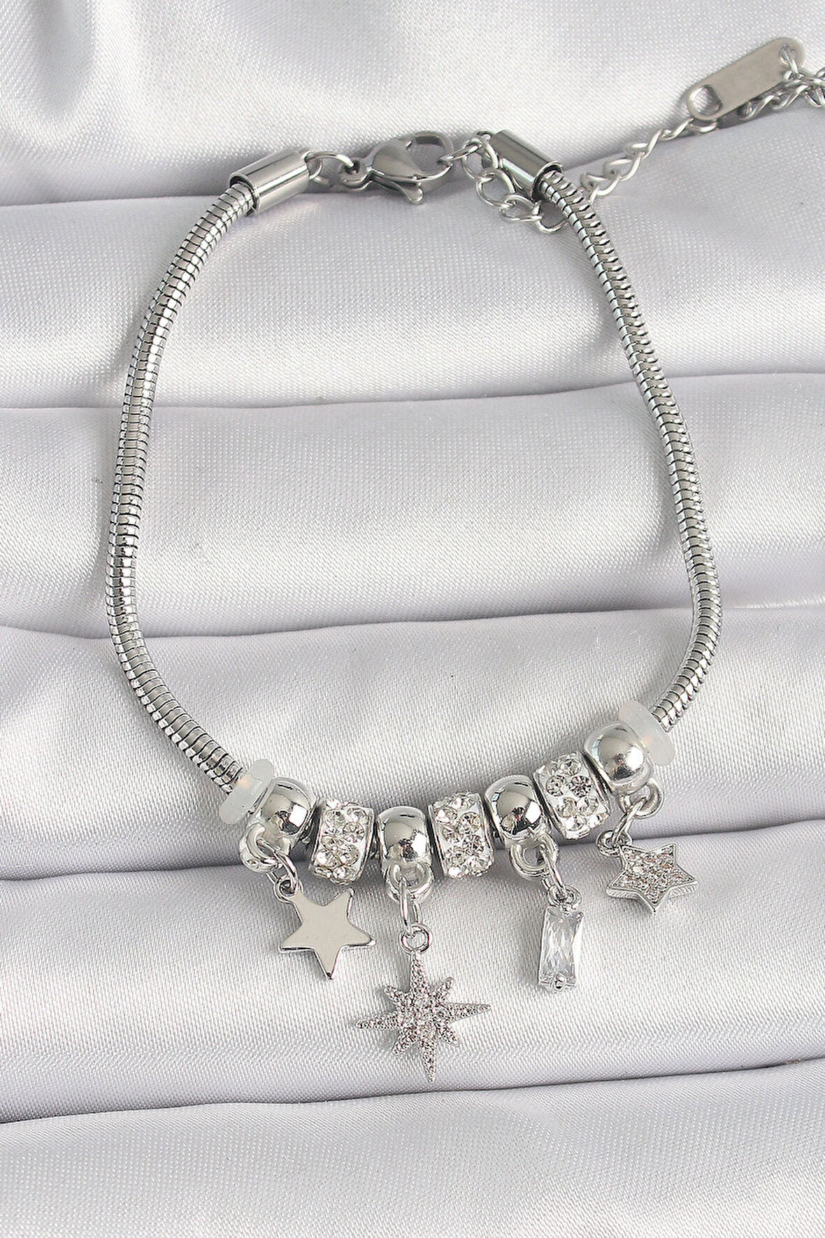 316L Çelik Gümüş Renk Zincir Sallantı Zirkon Taşlı Yıldız Model Kadın Bileklik - TJ-BB6693