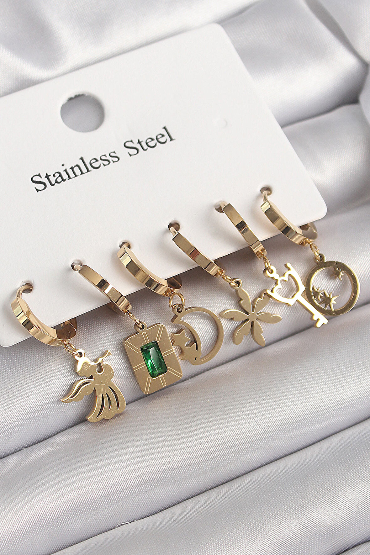 316L Çelik Gold Renk Sallantı Çoklu Figür Model Zirkon Taş Detaylı Kadın Küpe Seti - TJ-BKP10265