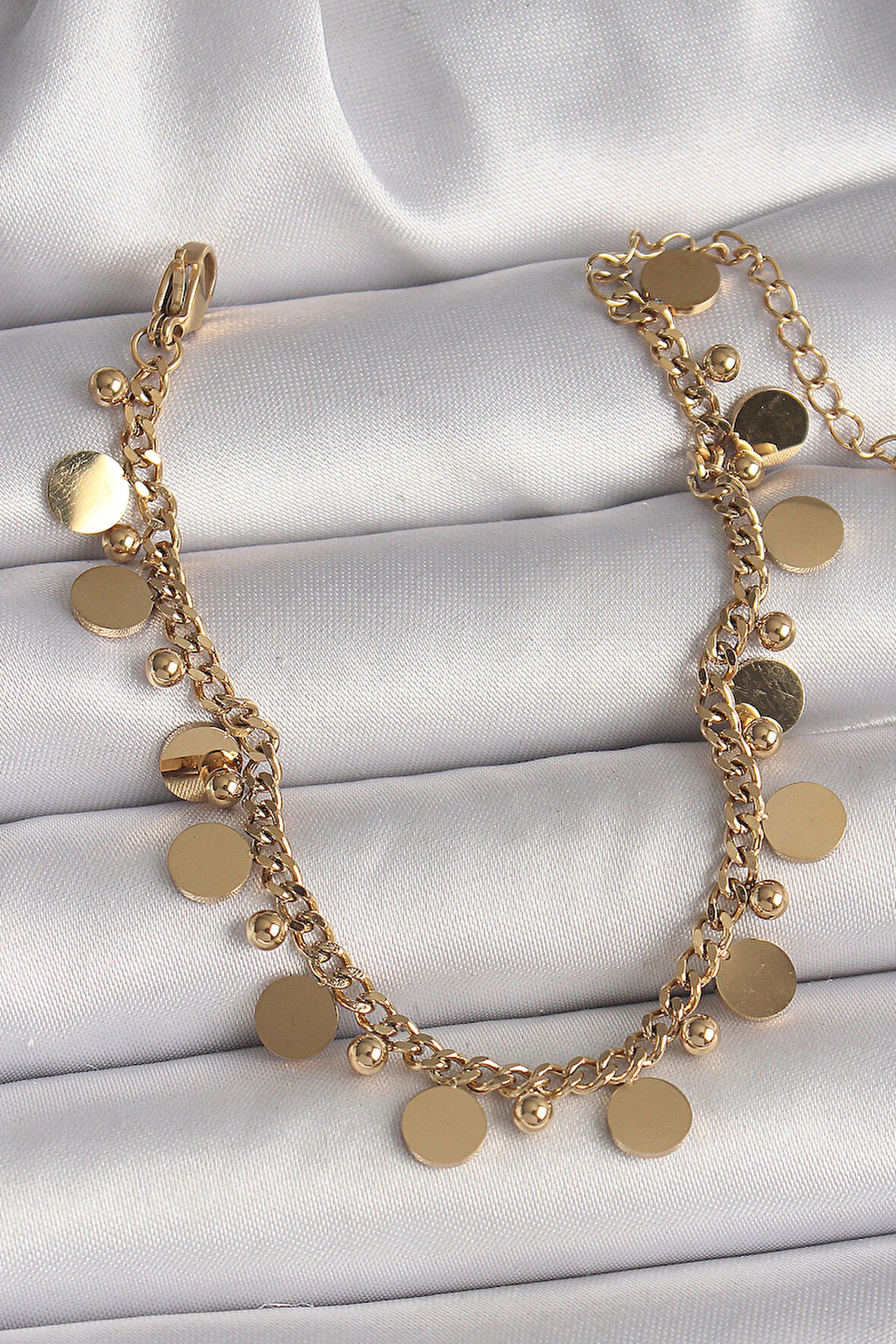 316L Çelik Gold Renk Zincir Çoklu Pul Model Topçuk Detay Kadın Bileklik - TJ-BB6783