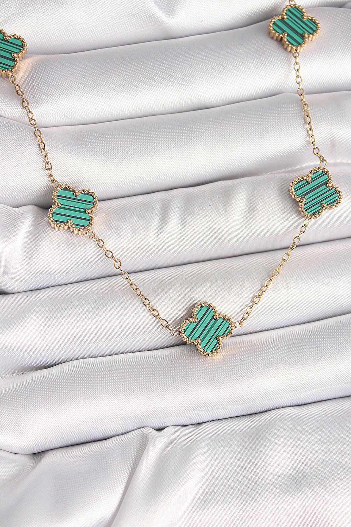 316L Çelik Gold Renk Zincir Yeşil Yonca Model Kadın Kolye - TJ-BKO9925