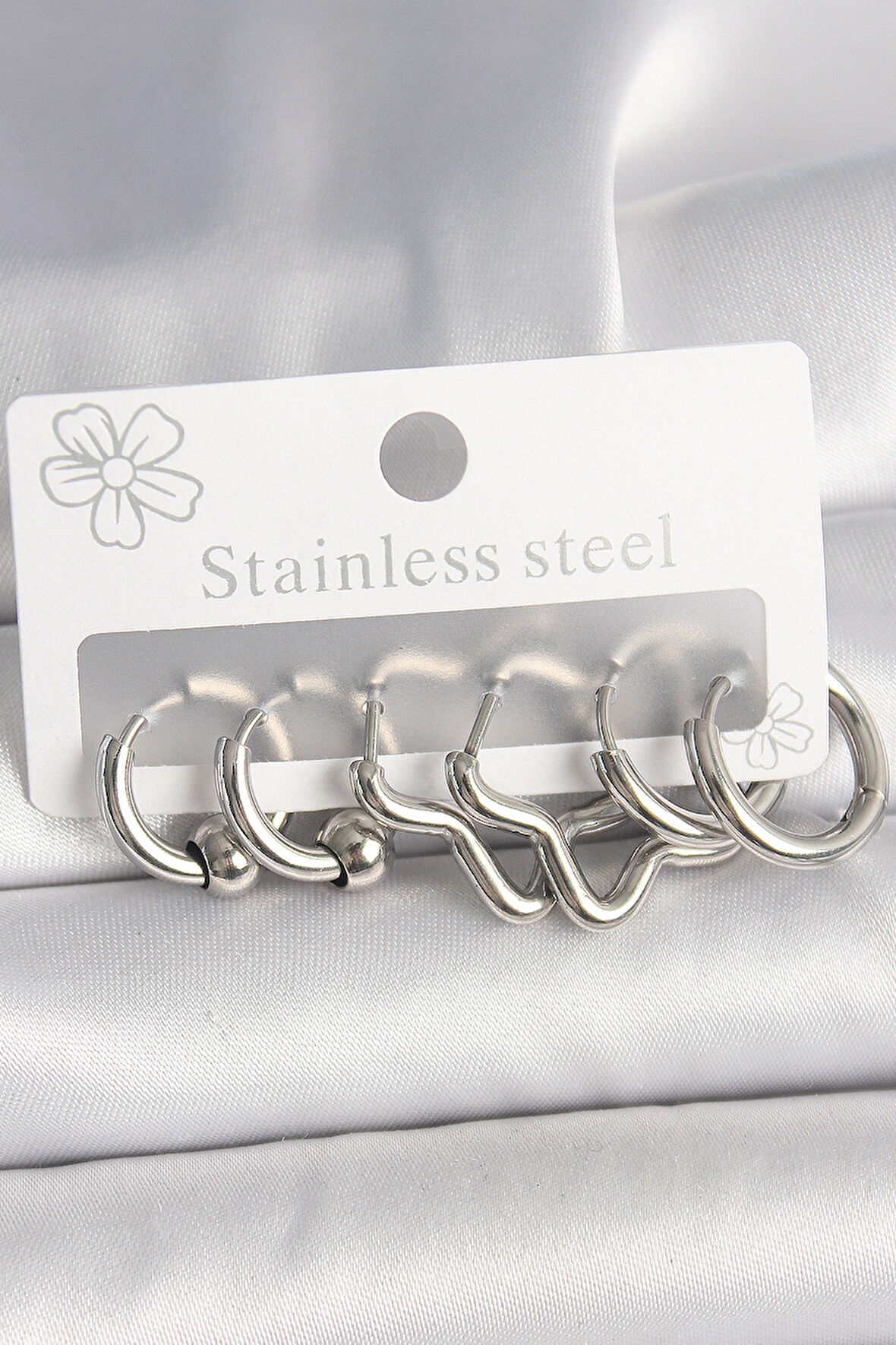 316L Çelik Gümüş Renk Halka Yıldız Model Kadın Küpe Seti - TJ-BKP10382