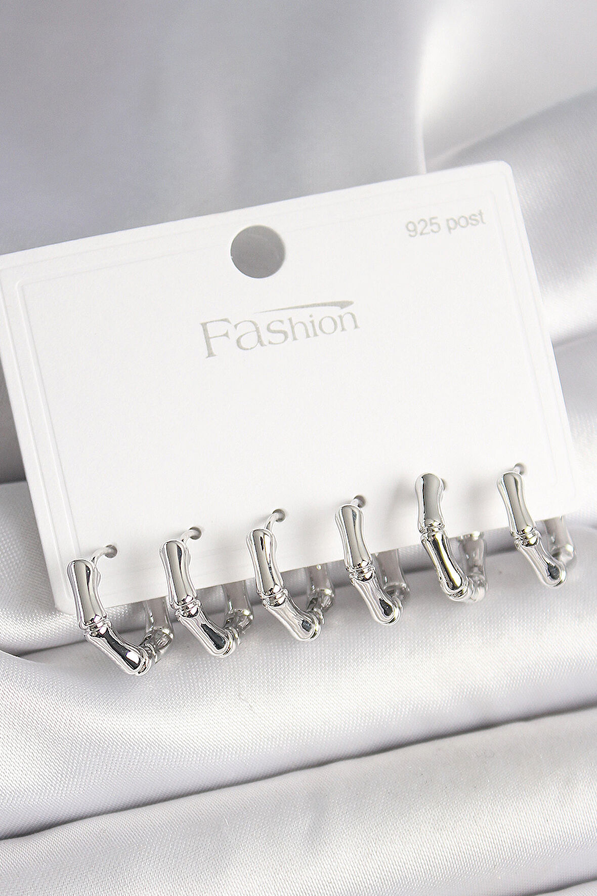 925 Ayar Gümüş Çivi Pirinç Gümüş Renk Bambu Halka Model Kadın Küpe Seti - TJ-BKP10408