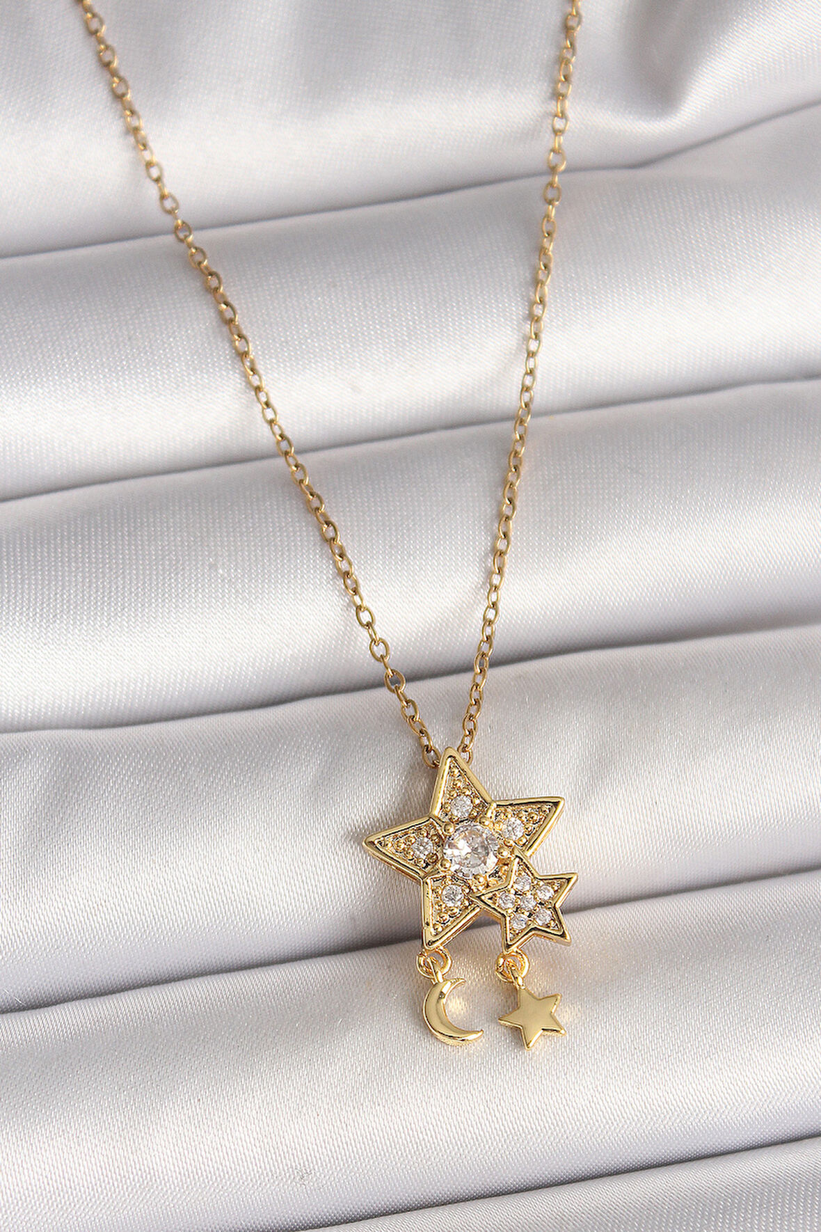 316L Çelik Gold Renk Zincir Zirkon Taşlı Yıldız Model Sallanı Ay Yıldız Detay Kadın Kolye - TJ-BKO9973