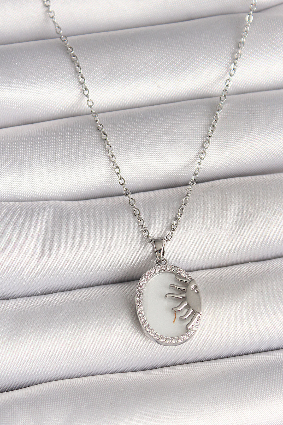 316L Çelik Gümüş Renk Zincir Beyaz Mineli Gün Batımı Model Zirkon Taş Detaylı Kadın Kolye - TJ-BKO10003
