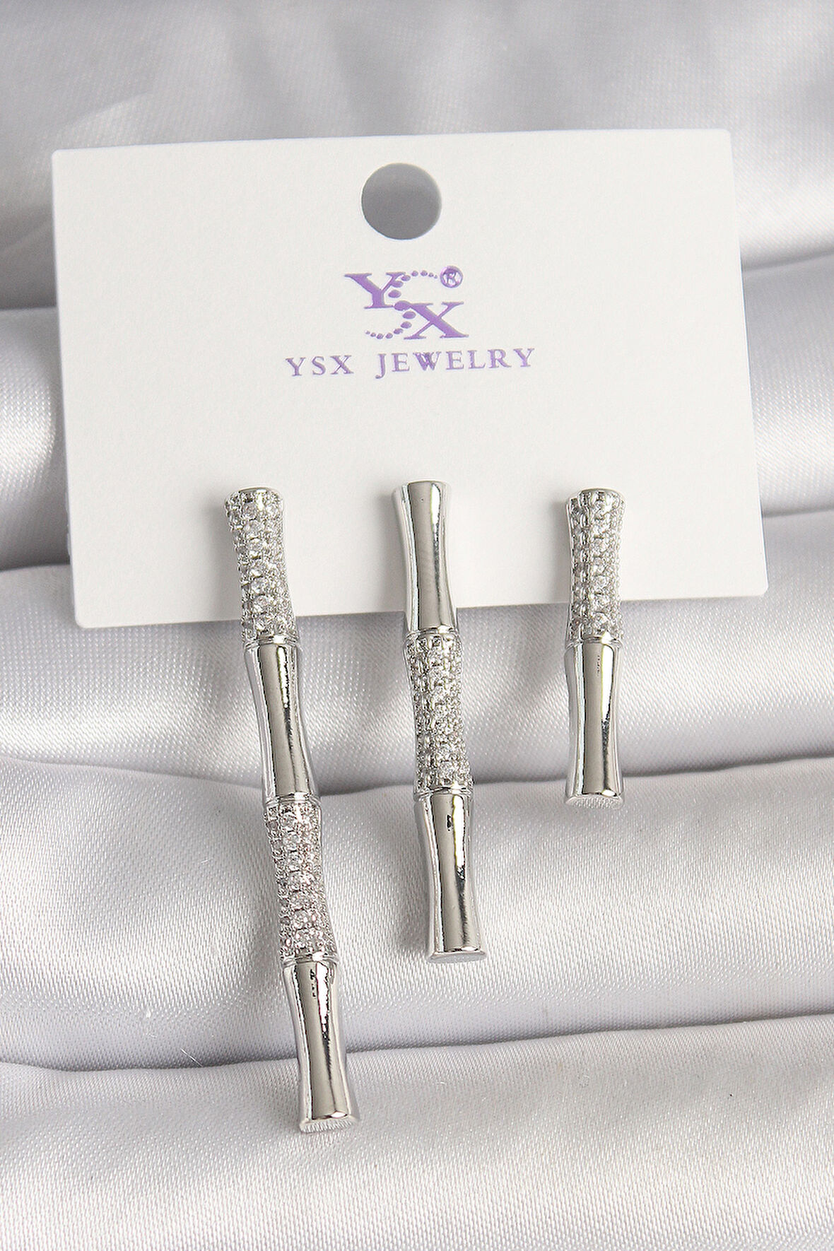 Pirinç Gümüş Renk Zirkon Taşlı Bambu Model 3'Lü Kadın Kombin Küpe - TJ-BKP10462