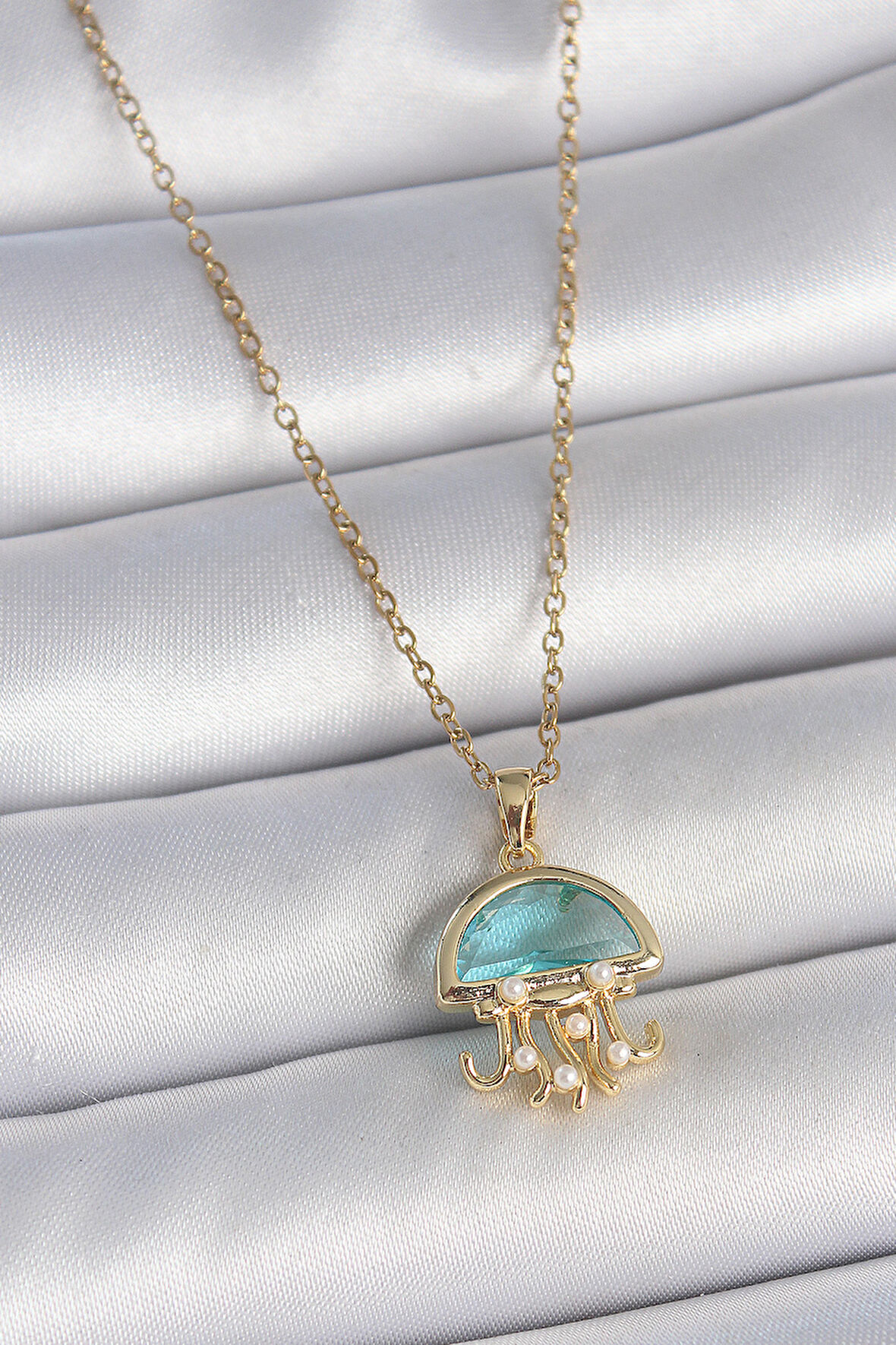 316L Çelik Gold Renk Mavi Taşlı Deniz Anası Model İnci Detay Kadın Kolye - TJ-BKO10043