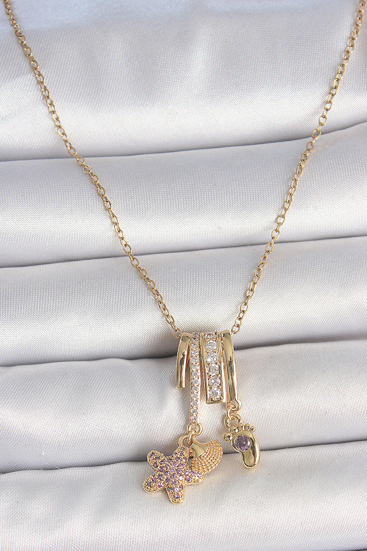 316L Çelik Gold Renk Sallantı Zirkon Taşlı Mor Taşlı Ayıcık Figür Charm Kadın Kolye - TJ-BKO10098