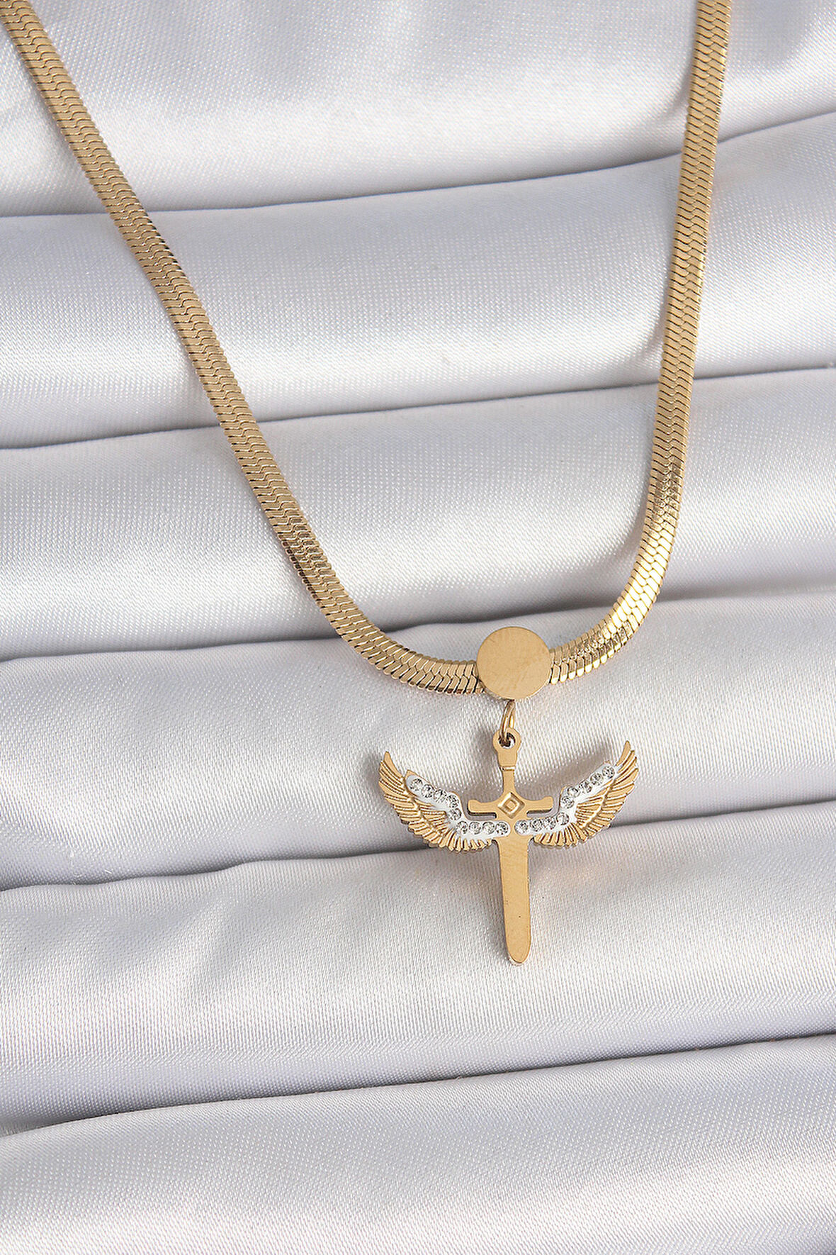 316L Çelik Gold Renk İtalyan Zincir Zirkon Taş Detaylı Mikail Model Kadın Kolye - TJ-BKO10123