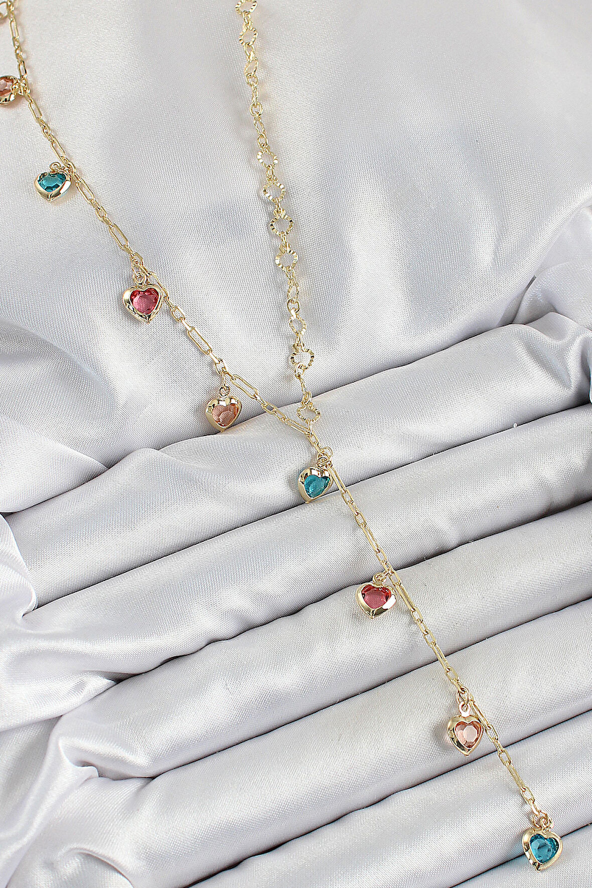 Pirinç Asorti Kalp Model Gold Renk Zirkon Taşlı Y Kolye - TJ-BKO10248