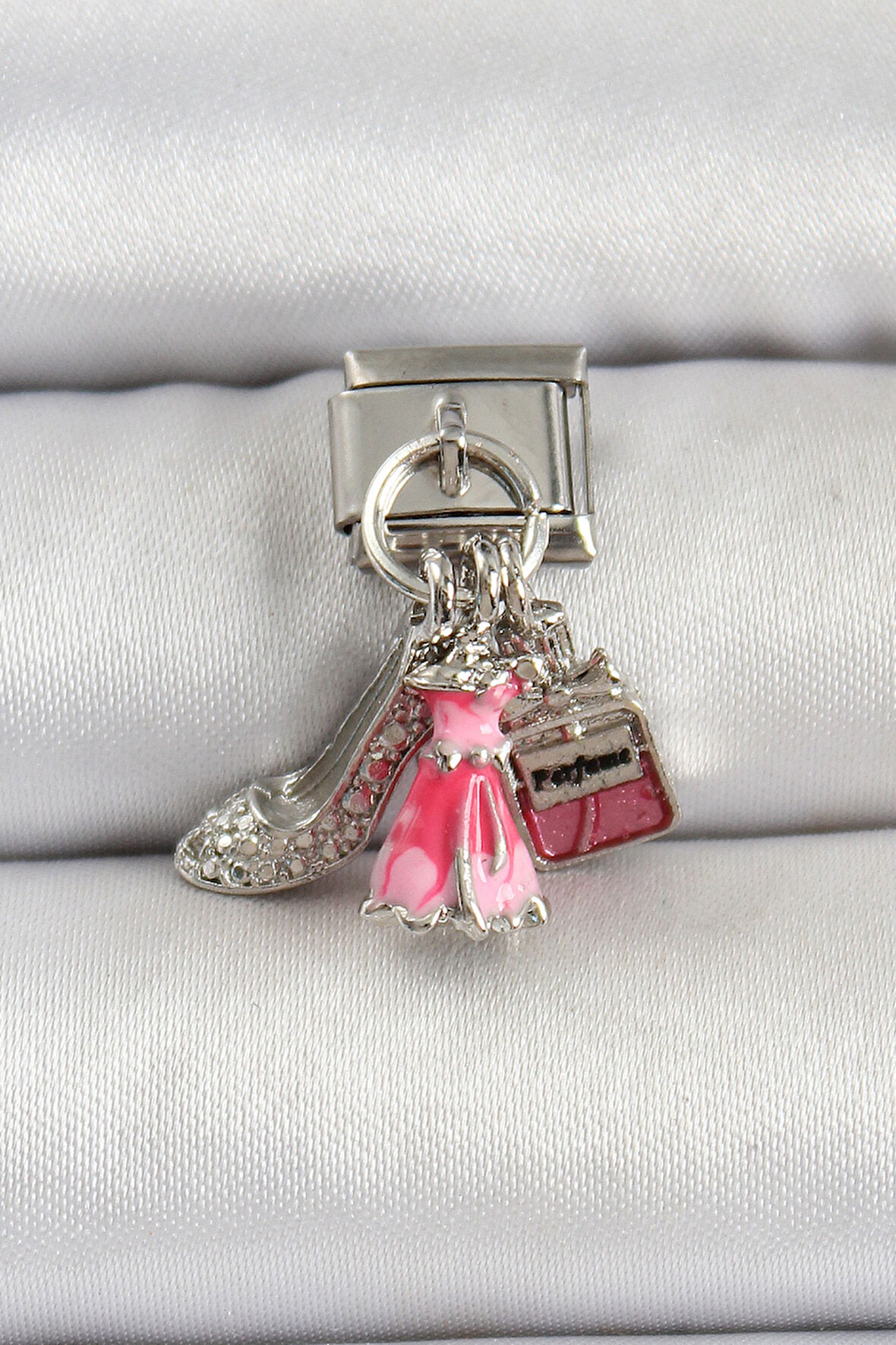 316L Çelik Gümüş Renk Pembe Elbise Kombini Model Nomination Charm - TJ-BC1502