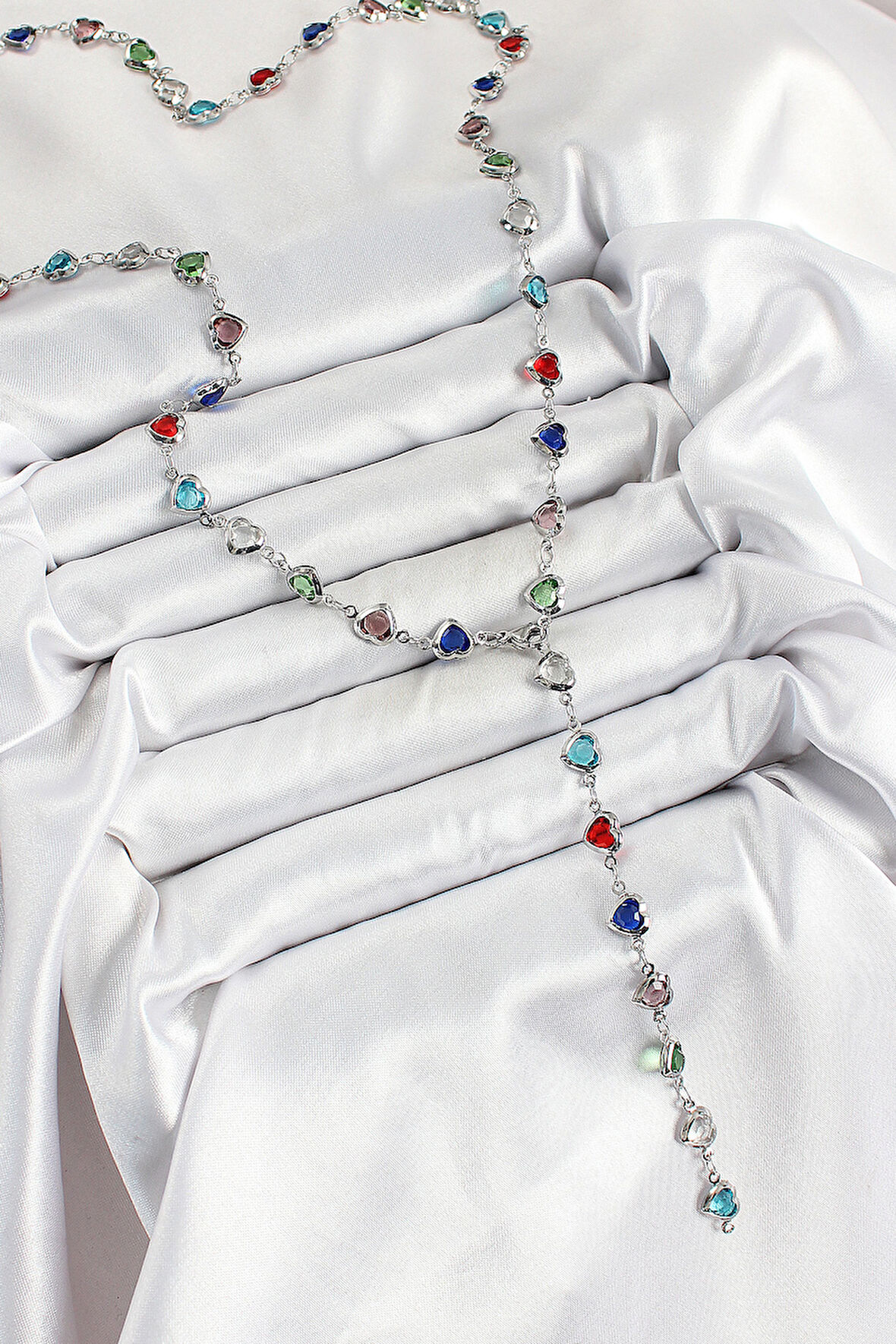 Pirinç Gümüş Renk Karışık Renk Zirkon Taşlı Kalpli Y Kadın Kolye - TJ-BKO10302