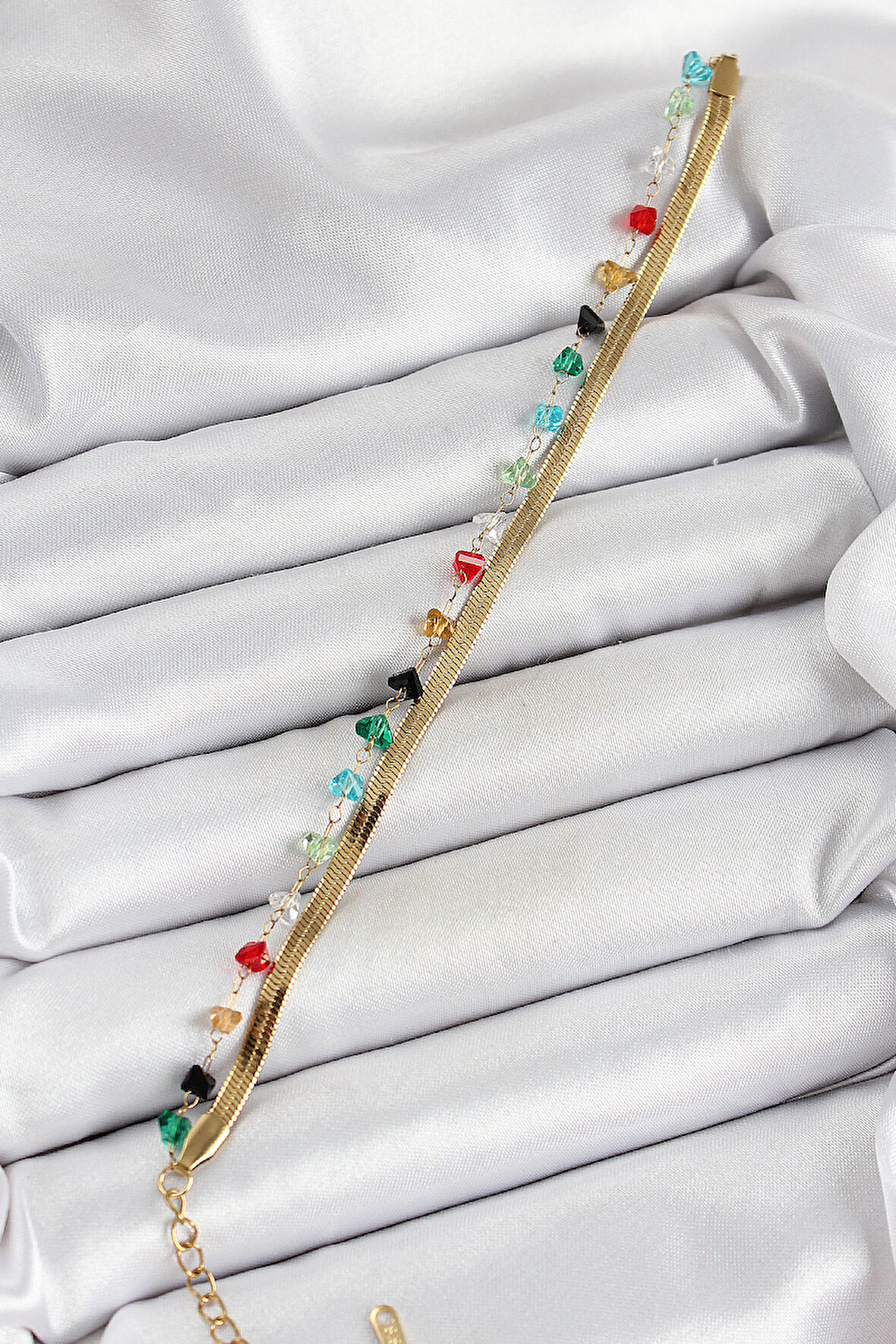 316L Çelik Gold Renk Kristal Karışık Renkli Taşlı 2'li Kadın Bileklik - TJ-BB7092