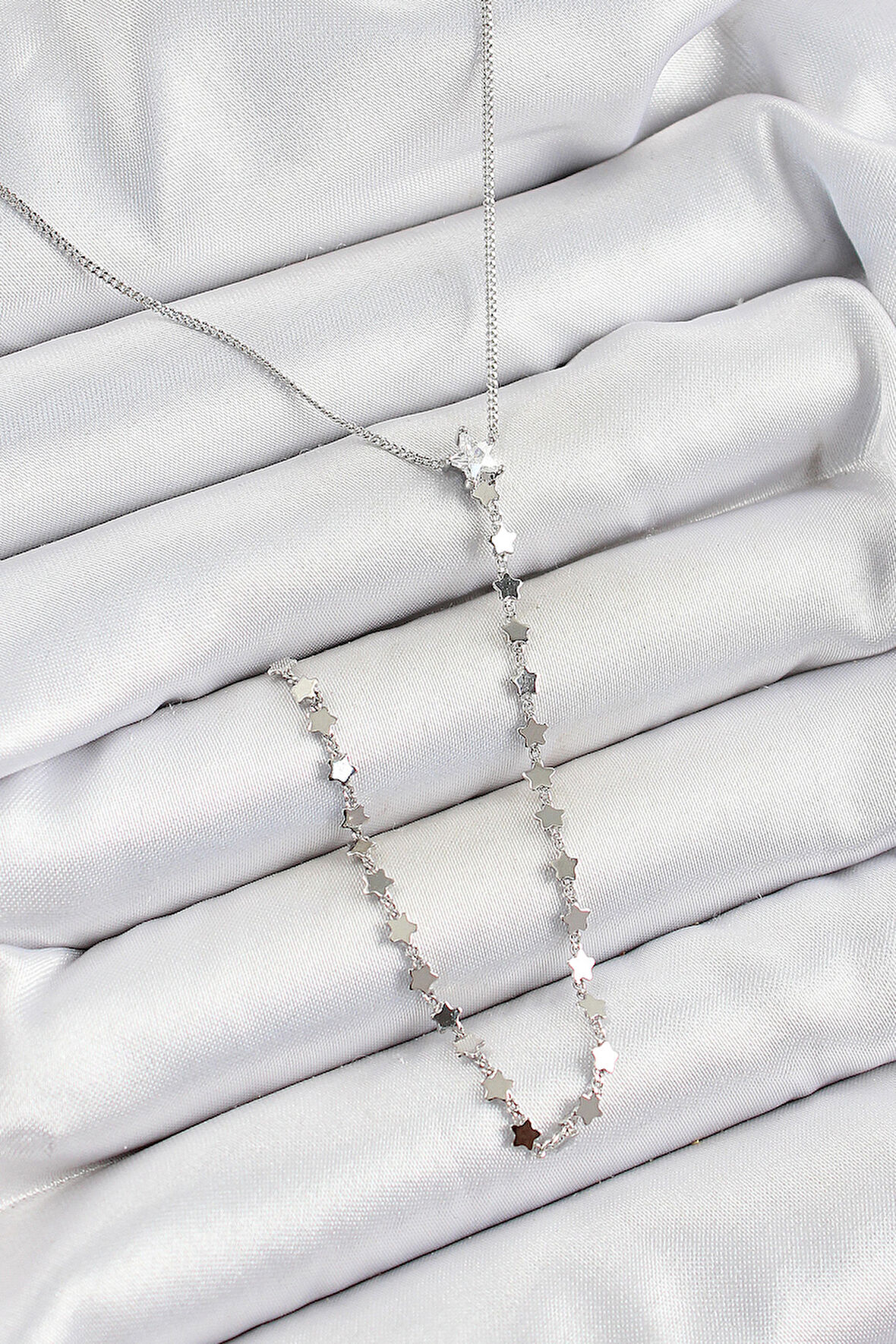 Pirinç Zirkon Taşlı Yıldız Figürlü Y Model Gümüş Renk Kadın Kolye - TJ-BKO10309