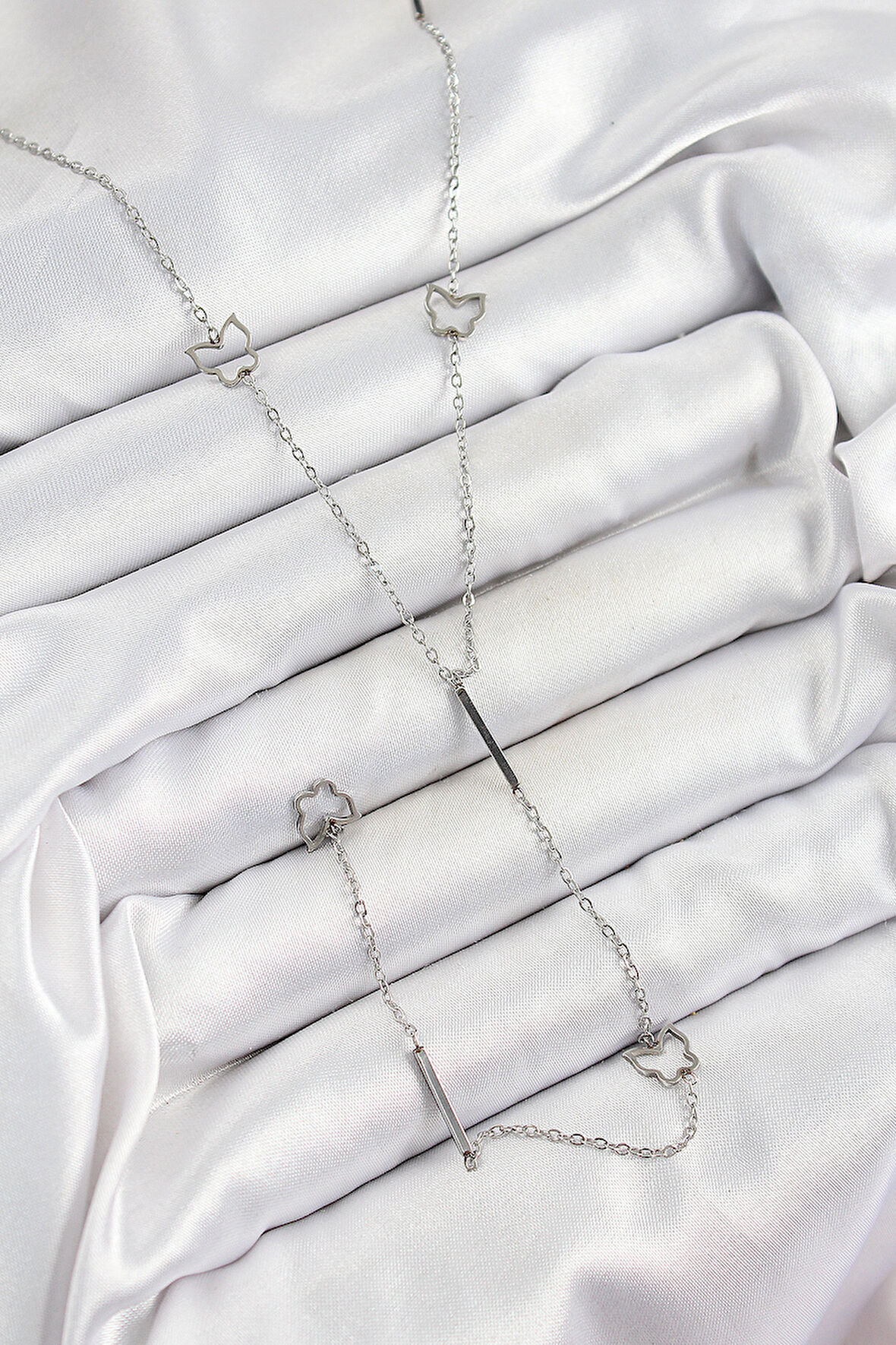 316L Çelik Kelebek Figürlü Y Model Gümüş Renk Kadın Kolye - TJ-BKO10330