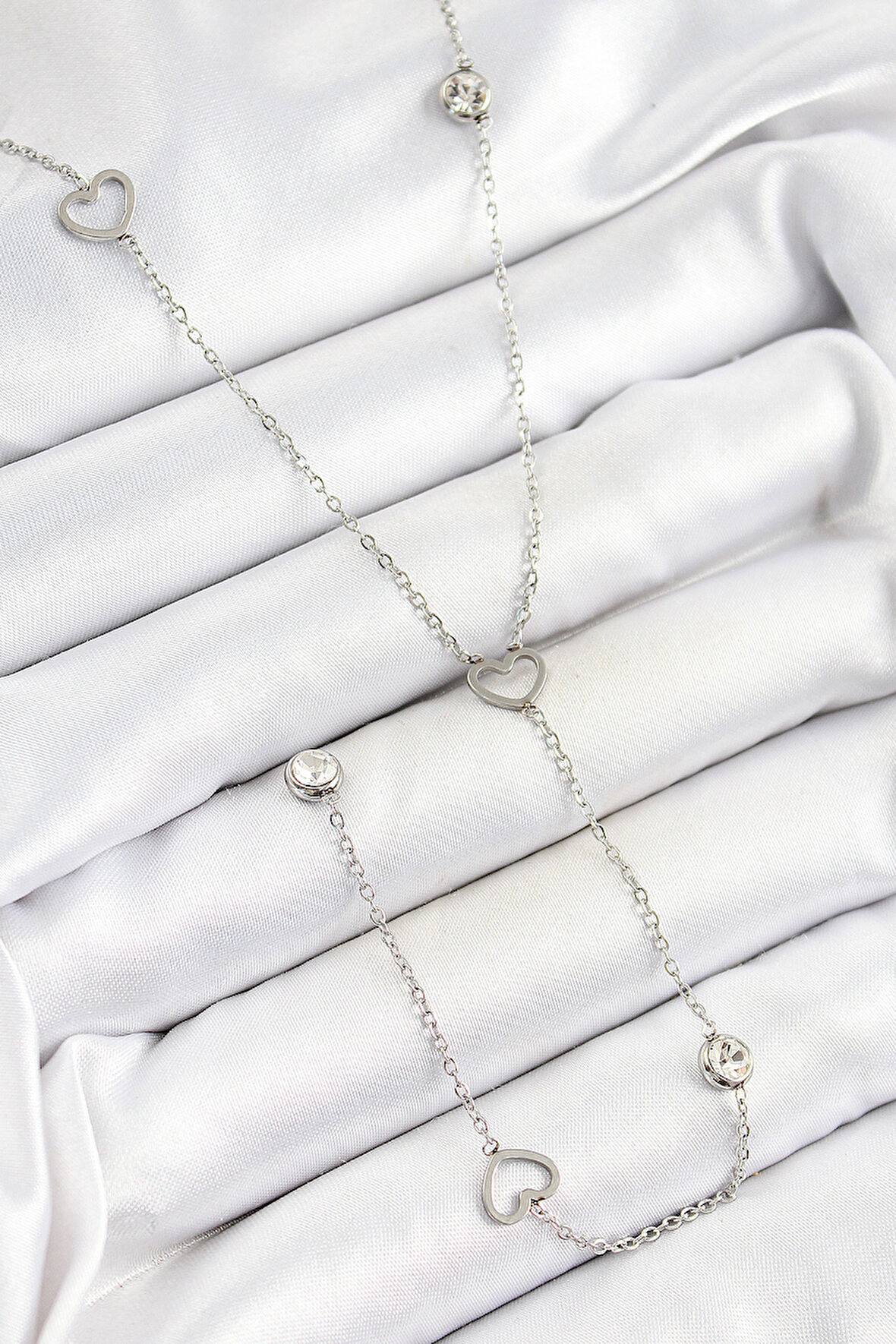 316L Çelik Zirkon Taşlı Kalp Figürlü Y Model Gümüş Renk Kadın Kolye - TJ-BKO10334