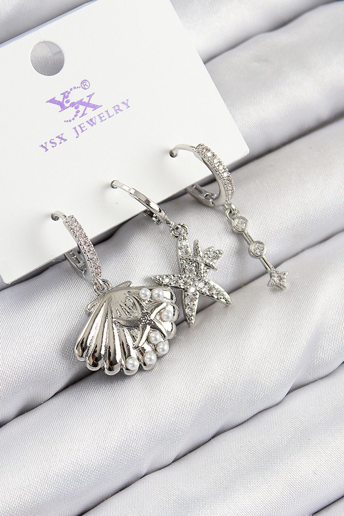 Pirinç Zirkon Taşlı 3'lü Yıldız Ve İstiridye Model Gümüş Renk Kadın Küpe - TJ-BKP11131