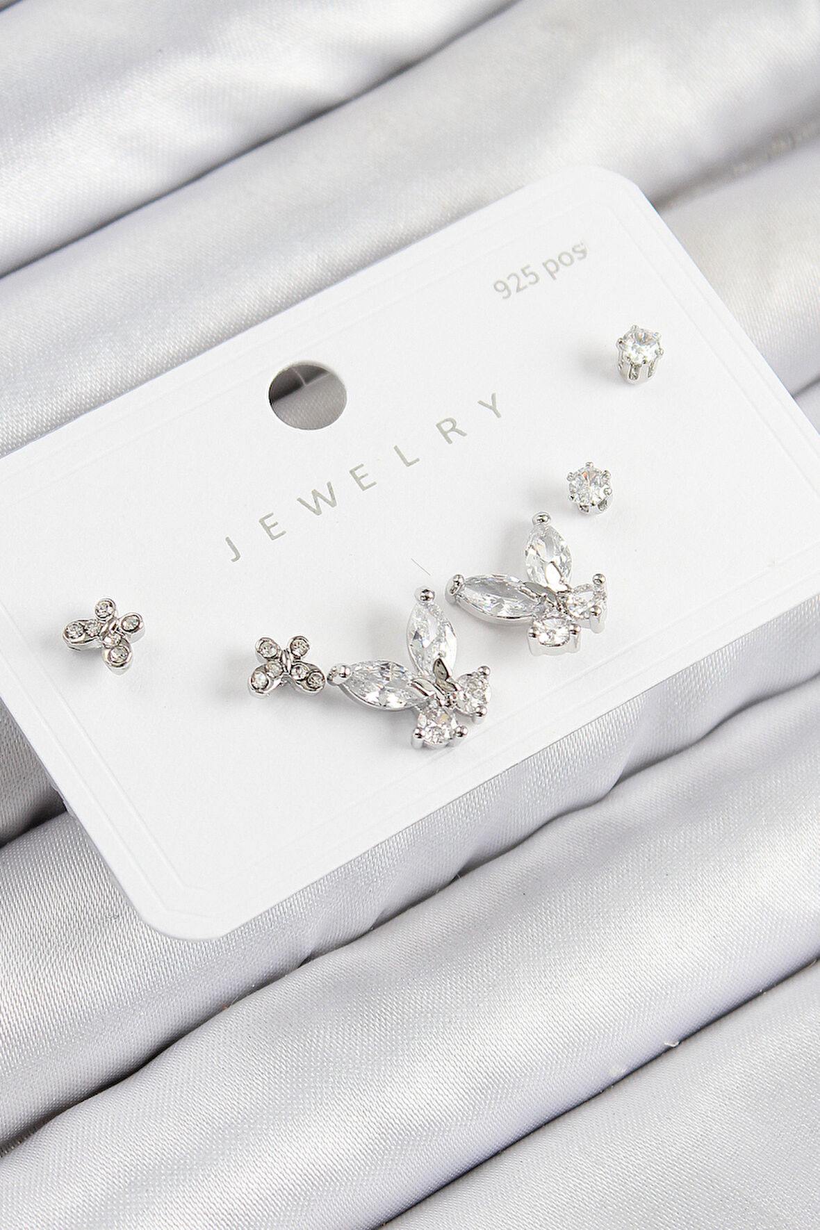 Pirinç Zirkon Taşlı Kelebek Model Gümüş Renk 925 Ayar Gümüş Çivi Kadın Küpe Set - TJ-BKP11165