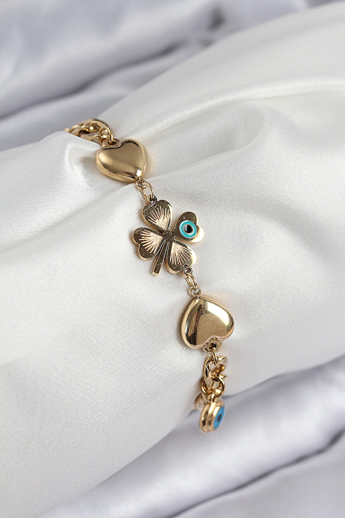 316L Çelik Nazar Boncuk Detaylı Yonca Model Gold Renk Kadın Bileklik - TJ-BB7832