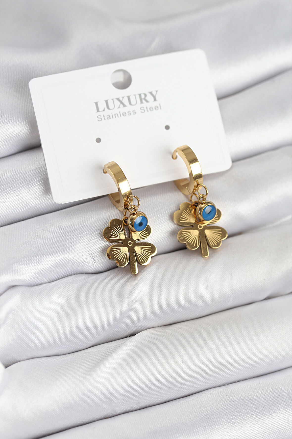 316L Çelik Nazarlı Yonca Model Kadın Küpe - TJ-BKP11230