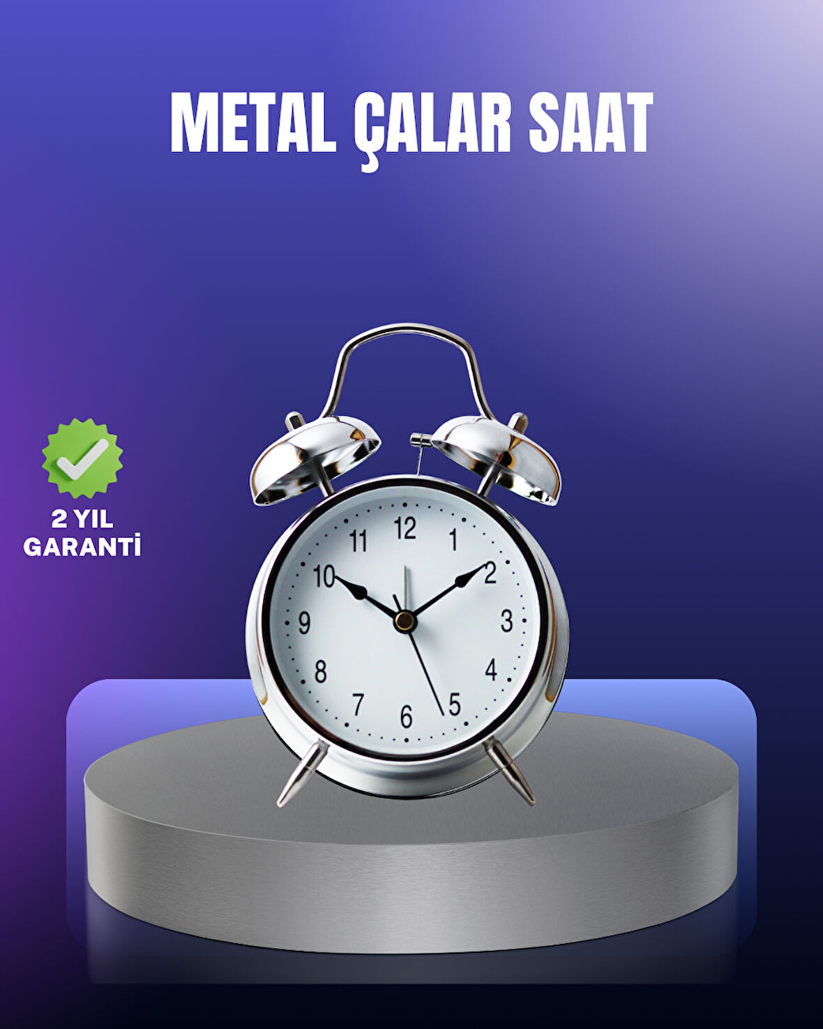 Yuvarlak Gümüş Dekoratif Işıklı Masa Üstü Saat Alarmlı Sessiz Çalışma