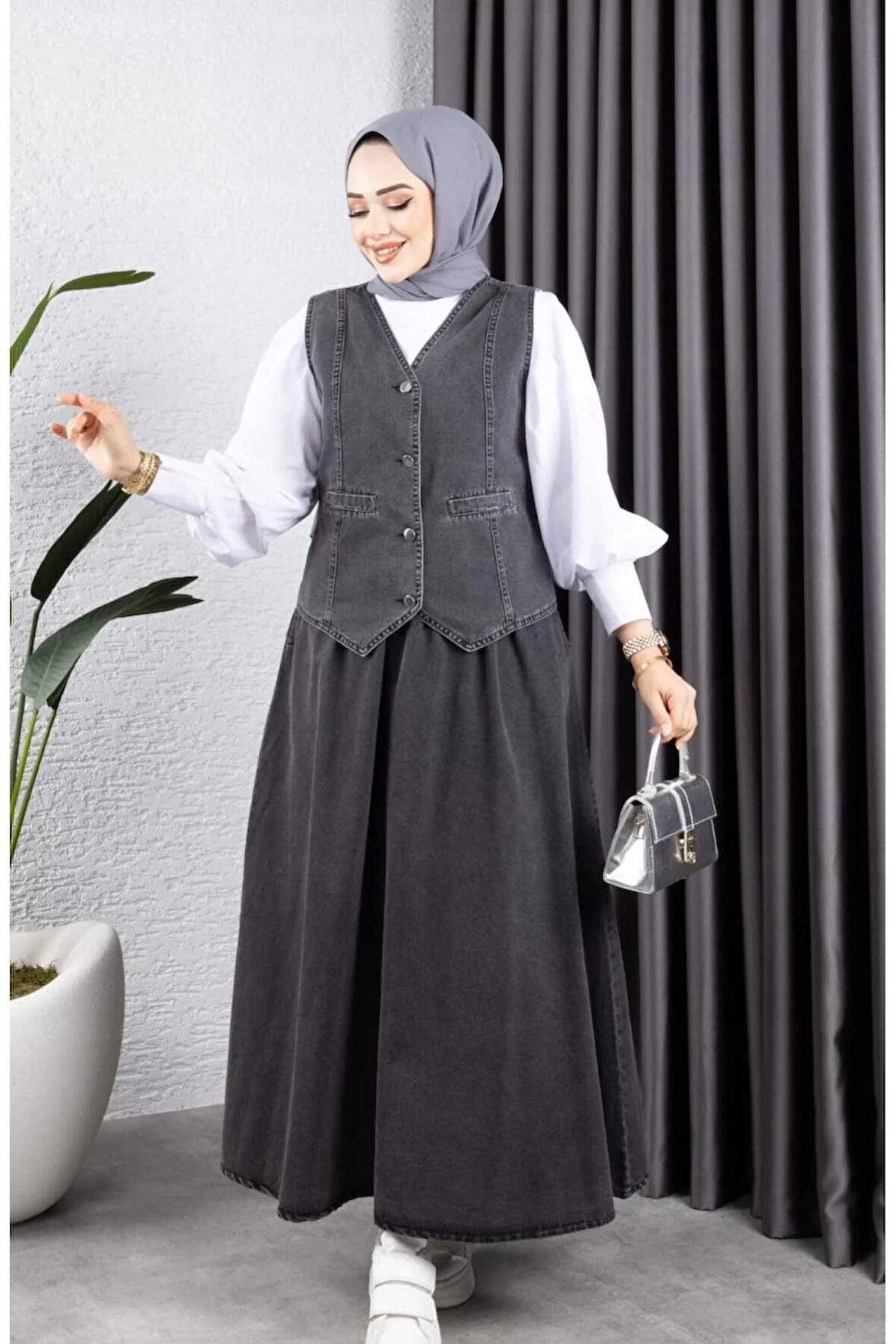 Kadın Kot Yelek-Etek 2'Li Takım