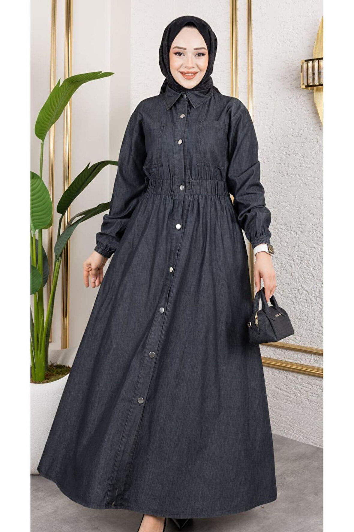 Kadın Belden Lastikli Cep Detaylı İnce Kot Elbise