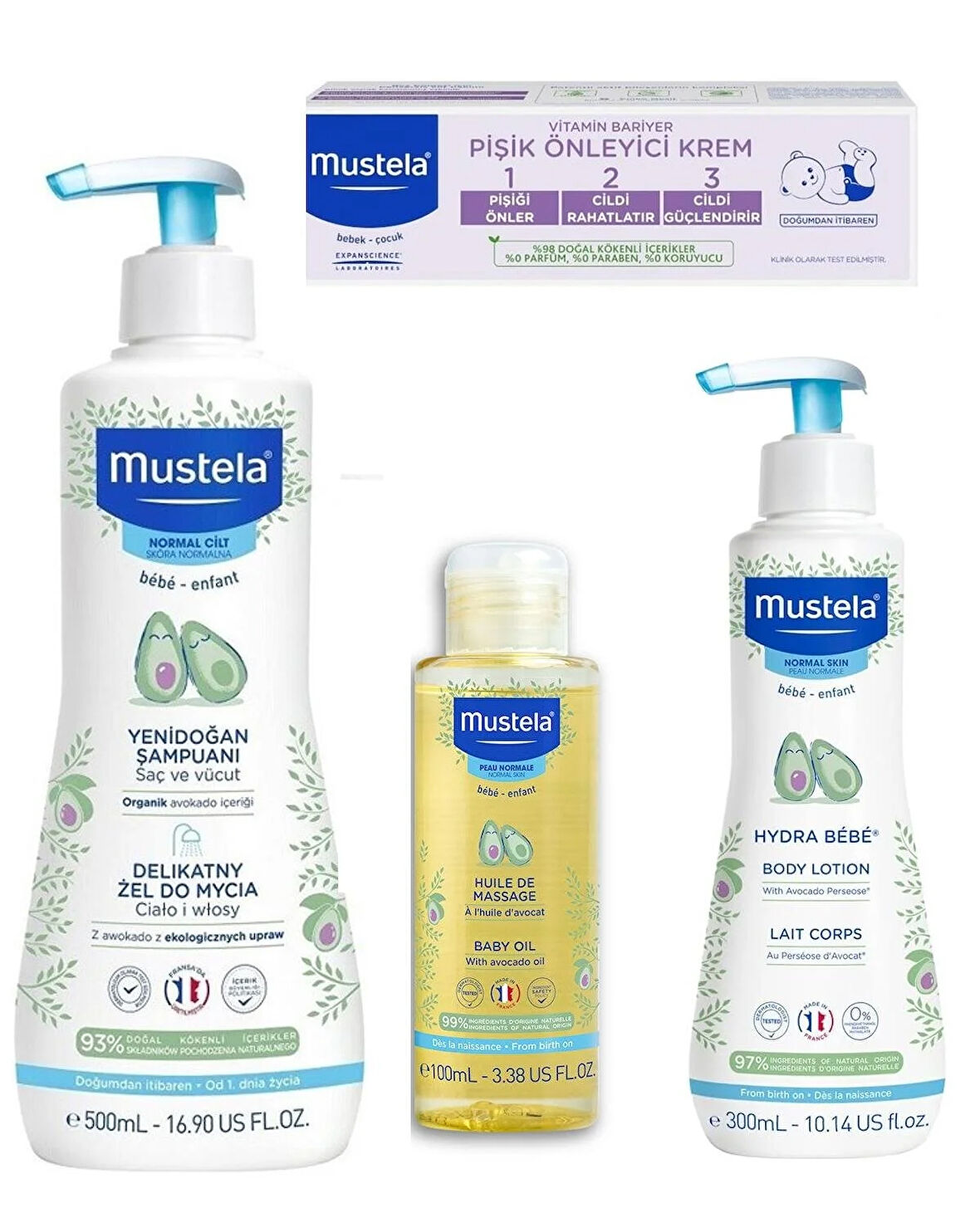 Mustela (4'lü) Bebek bakım seti-Bebek Yağı 100ml-500ml şampuan-300ml vücut losyonu-50ml pişik önleyici Krem