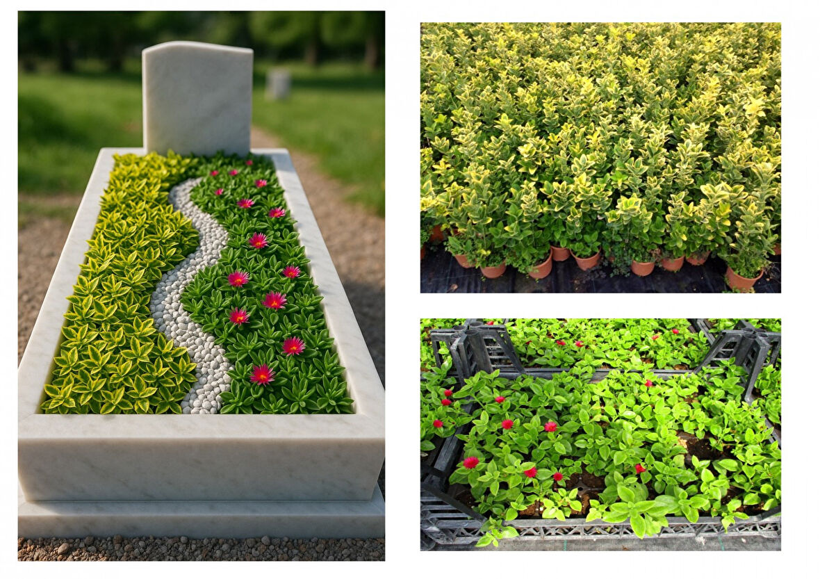 MEZAR - KABİR BİTKİ SETİ - 60 ADET 2 ÇEŞİT KALICI BİTKİ (Sarı Gold Taflan-Kırmızı Buz Çiçeği)