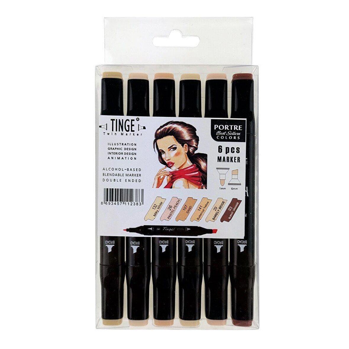 Tinge  Twin Çift Taraflı Marker Kalemi 6'lı Set Portre