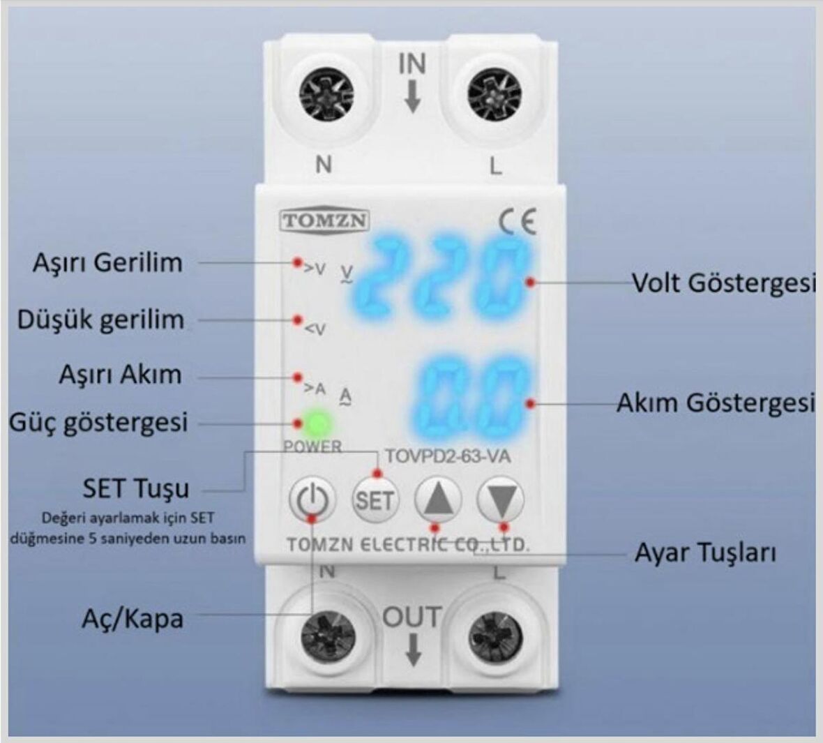 TOMZN Voltaj ve Akım Koruma Rölesi Yüksek Alçak Gerilim Akım Yıldırım Koruyucu 63A Yeni Tasarım