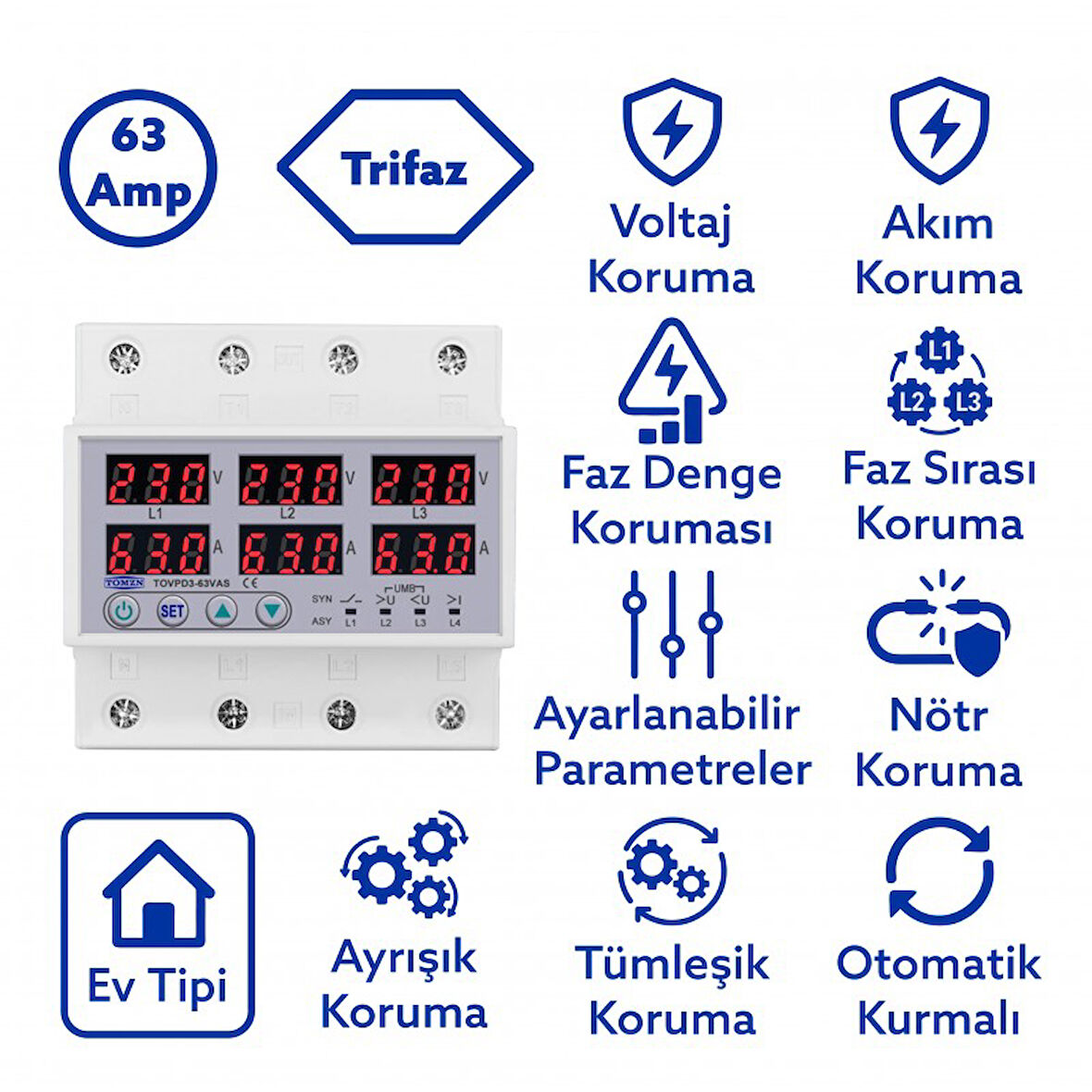 Tomzn Gerilim Ve Akım Koruma Rölesi Voltaj Koruyucu 63A 3 Fazlı - Ev Tipi - Ayrışık Faz Koruma