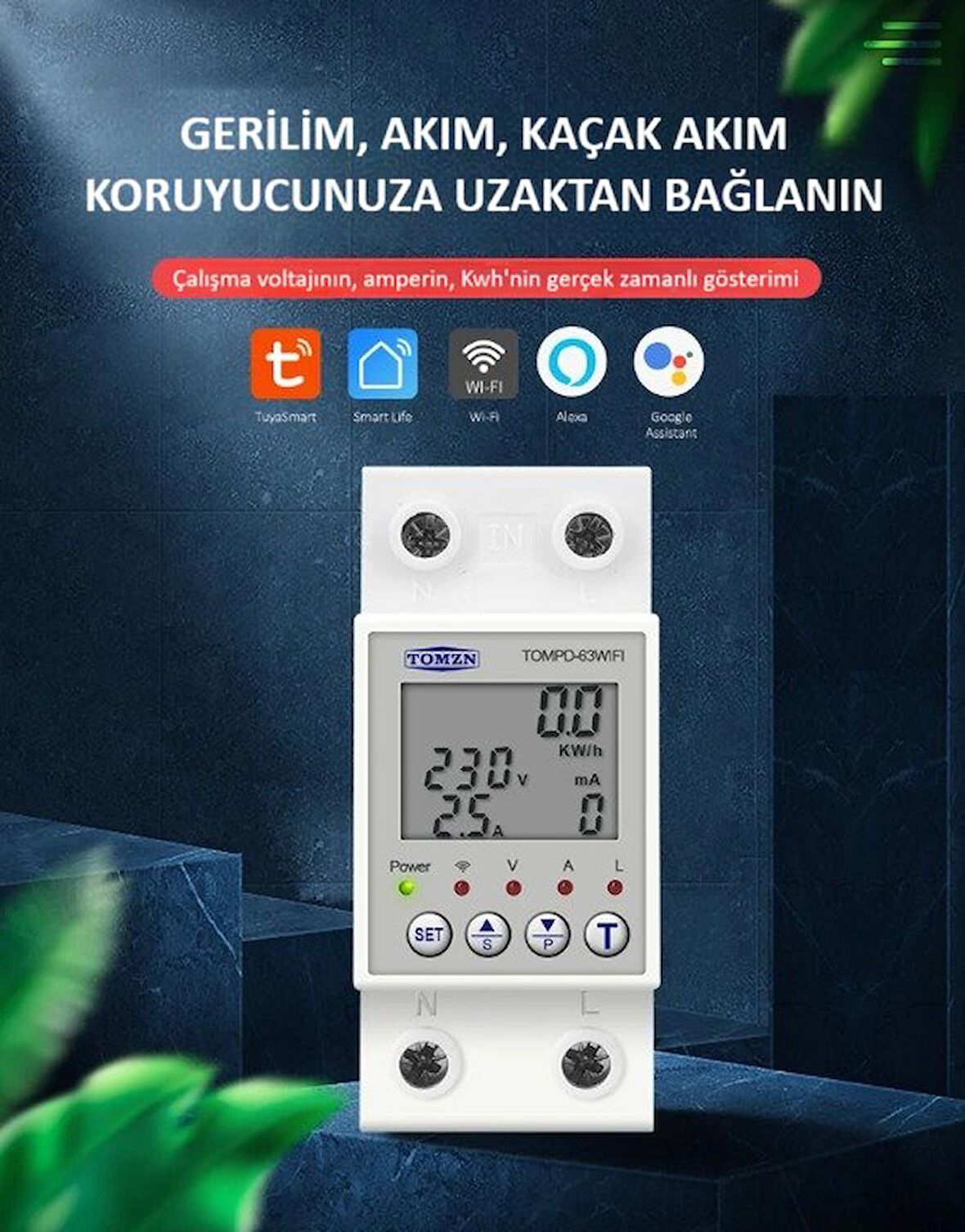 TOMZN Akıllı WiFi Kaçak Akım Koruma Rölesi ve Yüksek Voltaj ve Akım Koruyucu Röle 80A - 10mA-99mA