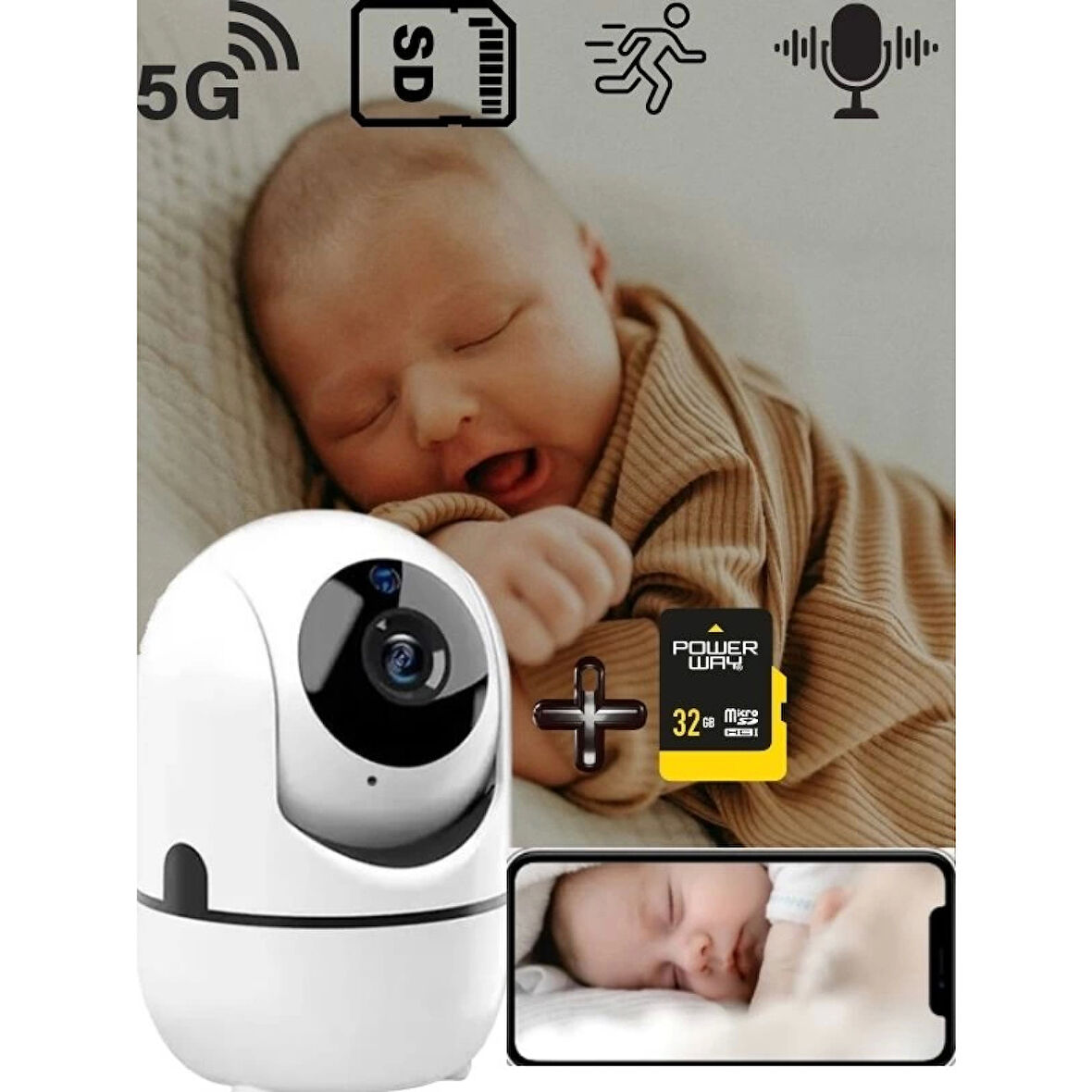 Bebek Izleme Kamerası, Sesli 360 Derece Güvenlik Bebek Telsizi Hareket Algılama 32 Gb Hafıze Kartı