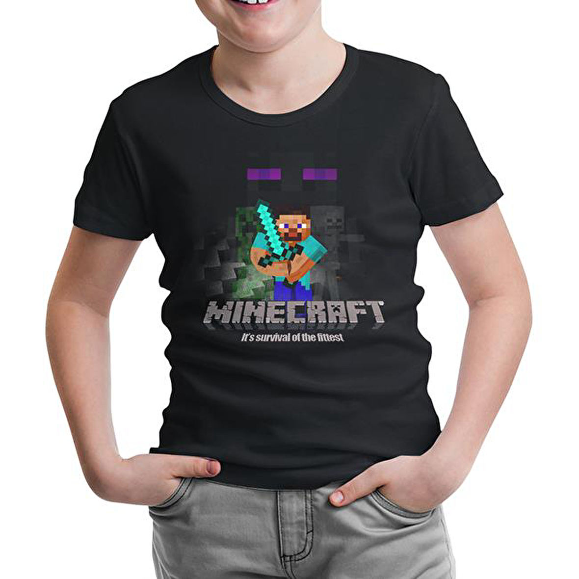 Minecraft - Survival of the Fittest Siyah Çocuk Tshirt