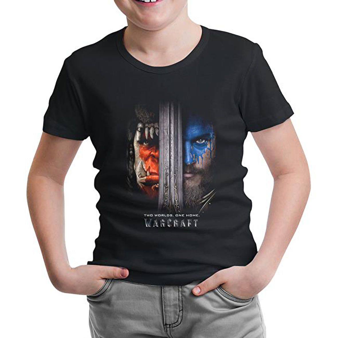 Warcraft - Two Worlds One Home Siyah Çocuk Tshirt