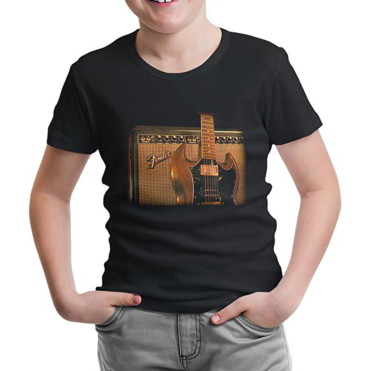 Gitar - Fender 2 Siyah Çocuk Tshirt