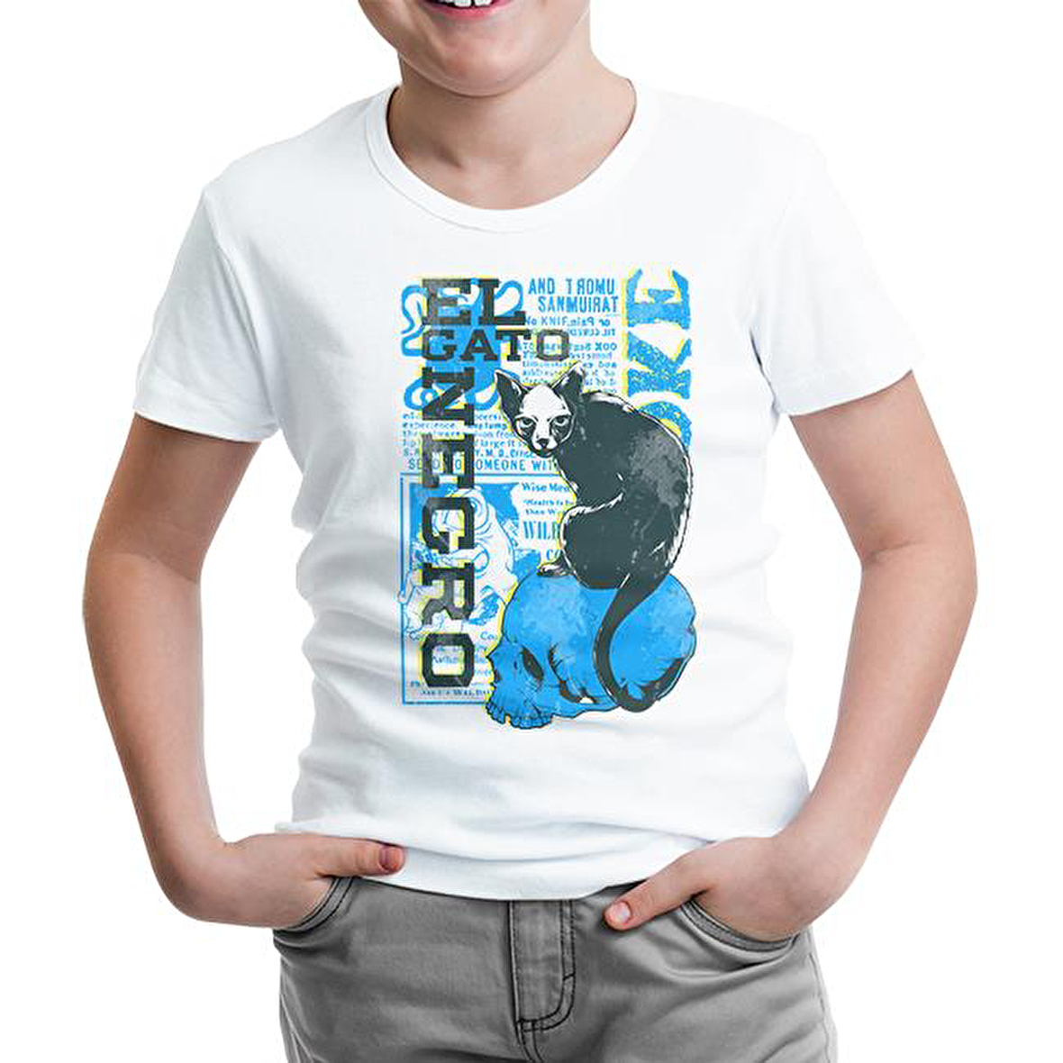 Kara Kedi Beyaz Çocuk Tshirt